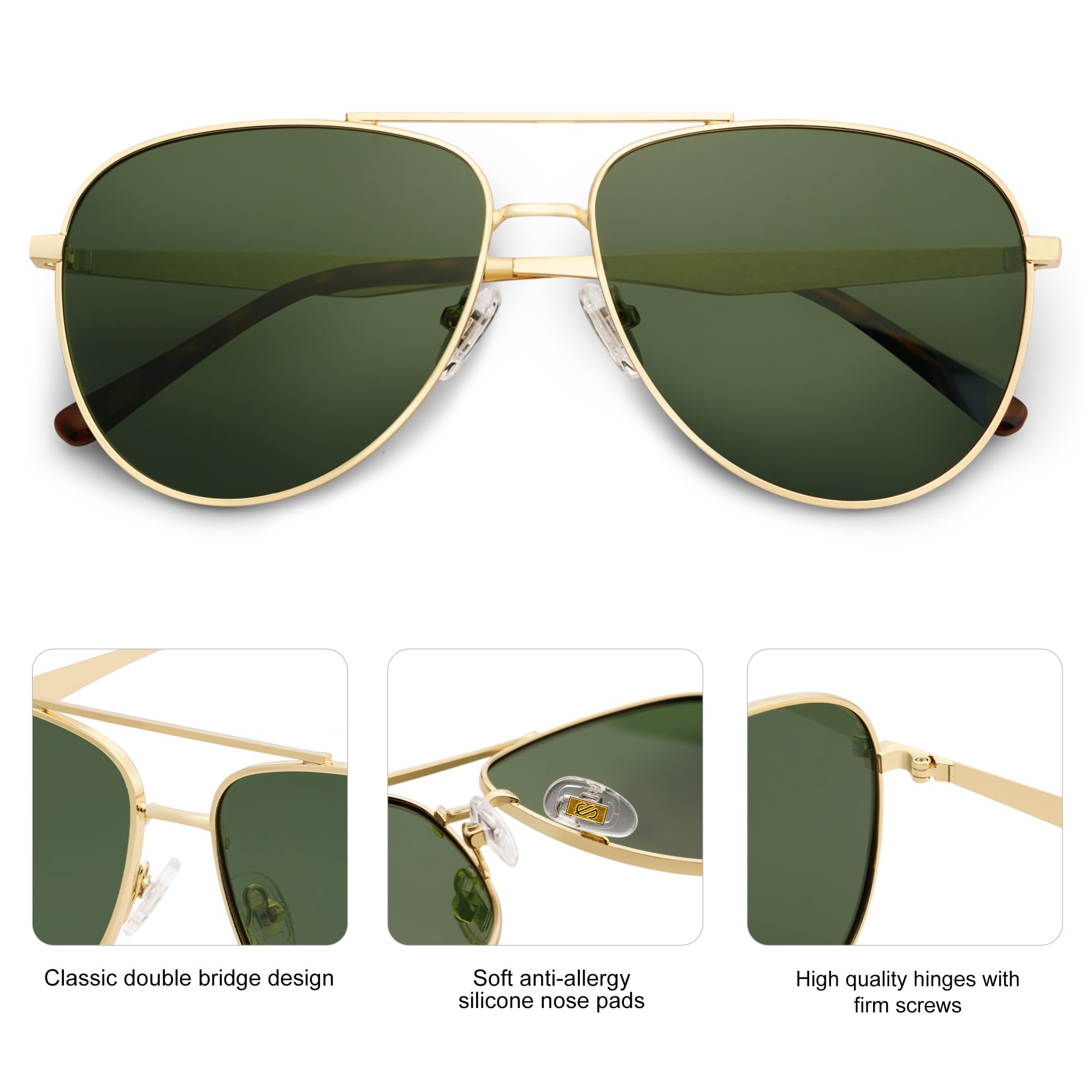 SOJOS Retro Oversized Aviator Polarized Sunglasses for Women Men Classic Large Metal Sun Glasses SJ1207A Gold/Green Lens