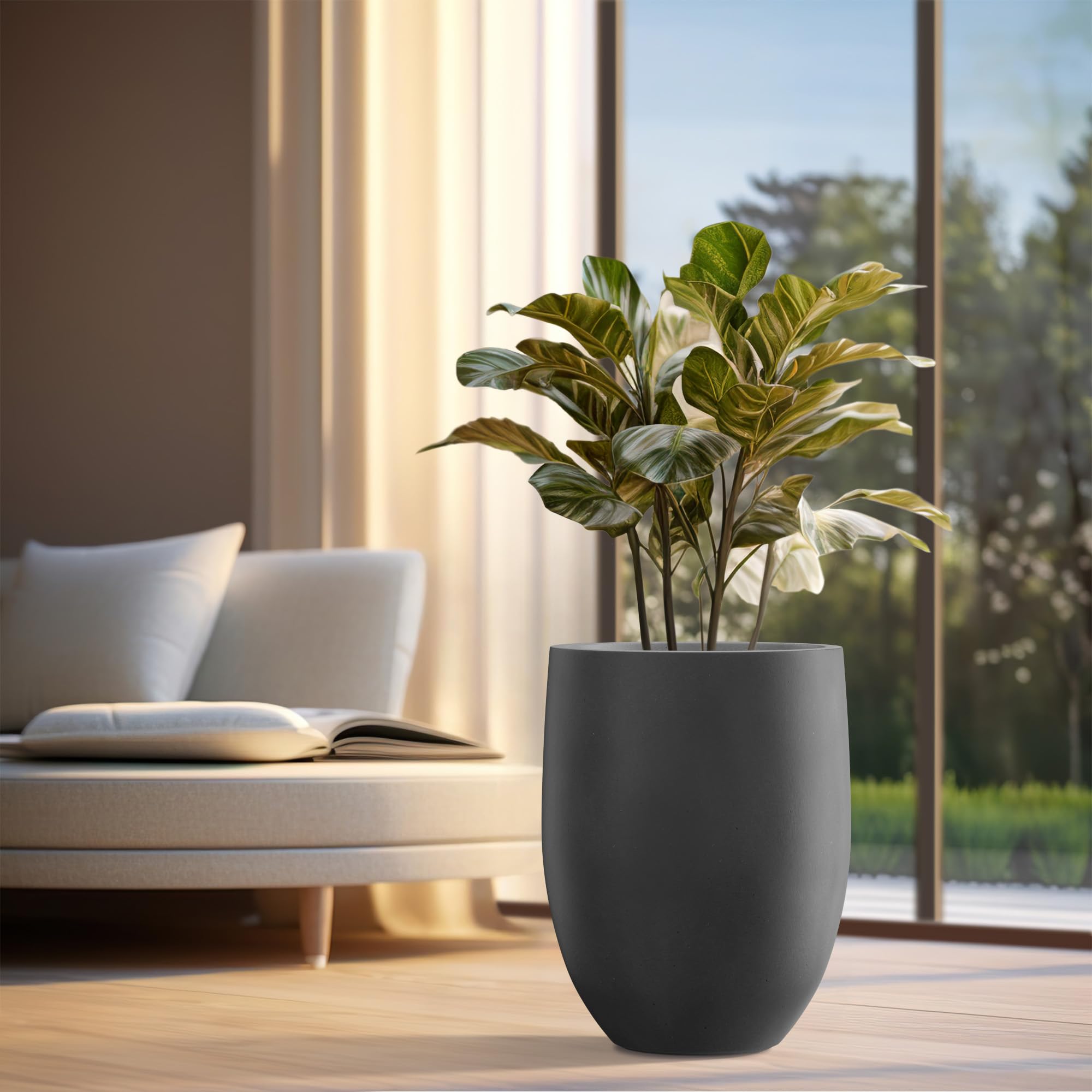 Kante 21.7" H Natural Concrete Tall Planter, Large Outdoor Indoor Decorative Pot with Drainage Hole and Rubber Plug, Modern Round Taper Style for Home and Patio Burnished Black