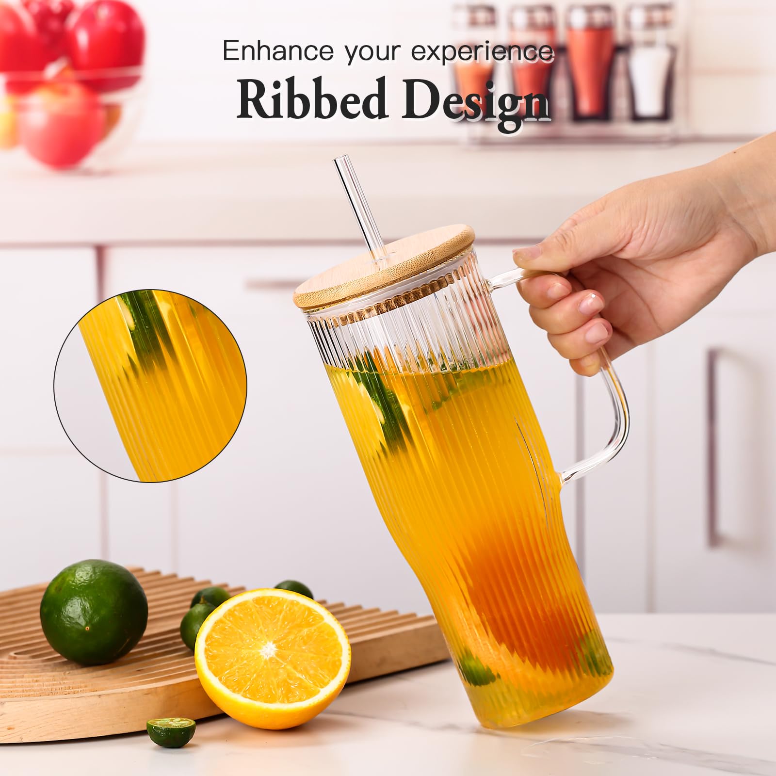 SIPBYSOP 40 oz Ribbed Glass Tumbler with Handle, 2 Pack Glass Cups with Lids and Straws, Large Iced Coffee Cup,Borosilicate, with Bamboo Lid and 4 Straws