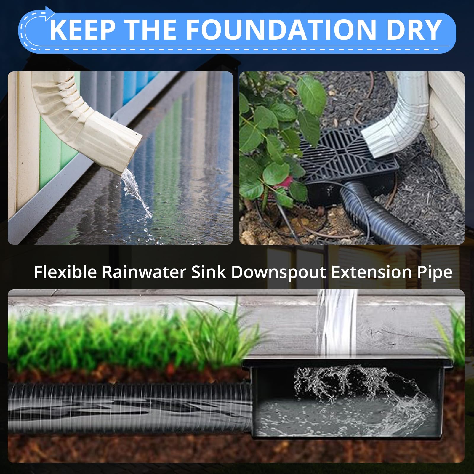 CAMWAY Gutter Downspout Extensions 14 to 55inch,Sturdy Catch Basin Low Profile Rain Drain Downspout Extender,Flexible Rainwater Sink Downspout Extension Pipe,No Dig
