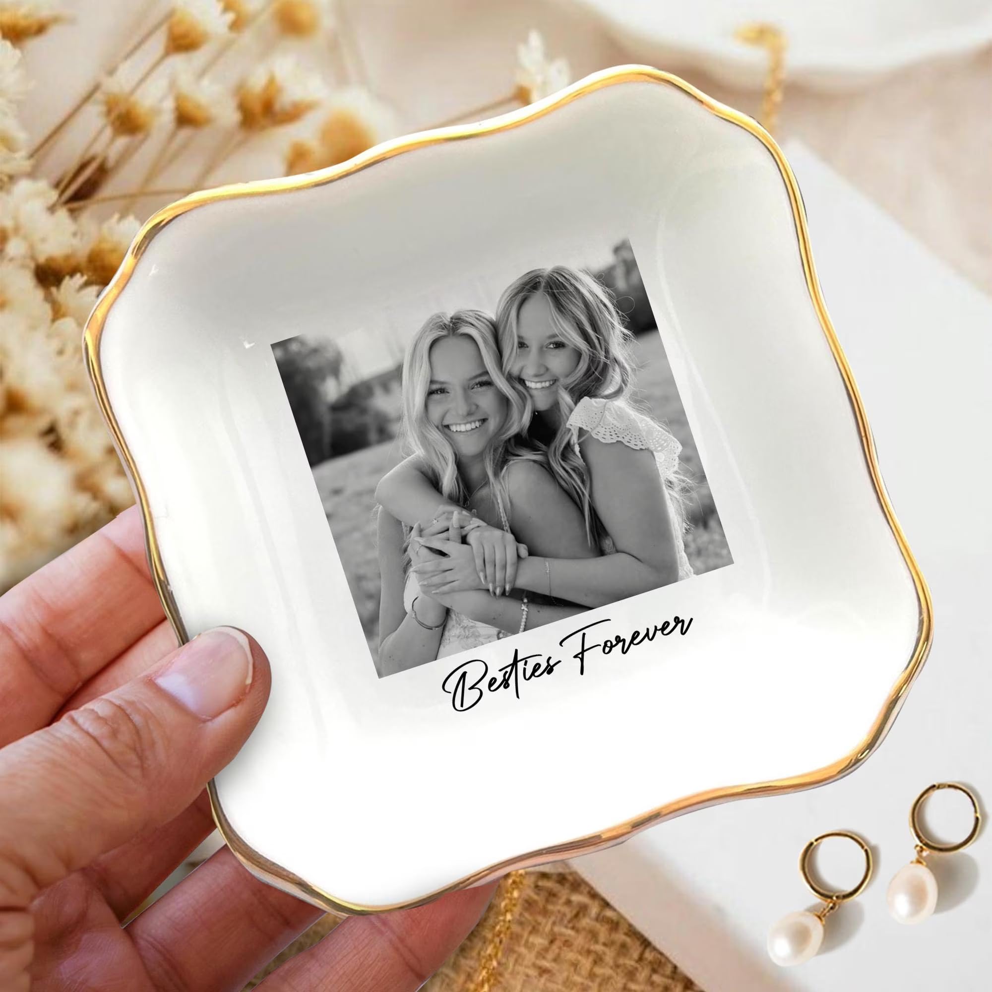 POPPOP Personalized Bestie Photo Jewelry Dish, Custom Ceramic Trinket Tray for Best Friend or Sister, Friendship Gift for Women, Birthday Christmas Keepsake for BFF