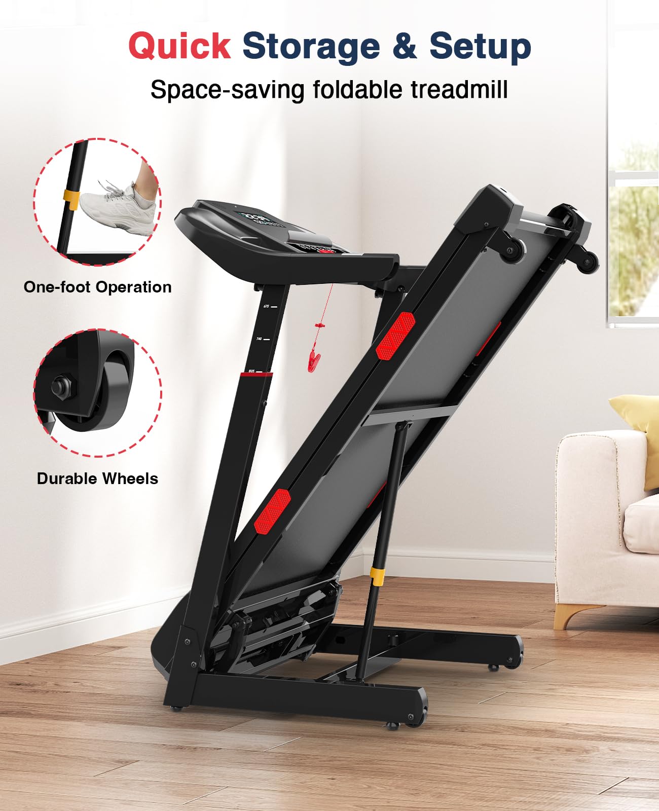Redliro Treadmill with 15% Auto Incline - 350 lbs Capacity Foldable Running 3.0HP Treadmill for Home - Adjustable Handrail Height - APP & Voice Control - Bluetooth Speaker (Glossy Black)