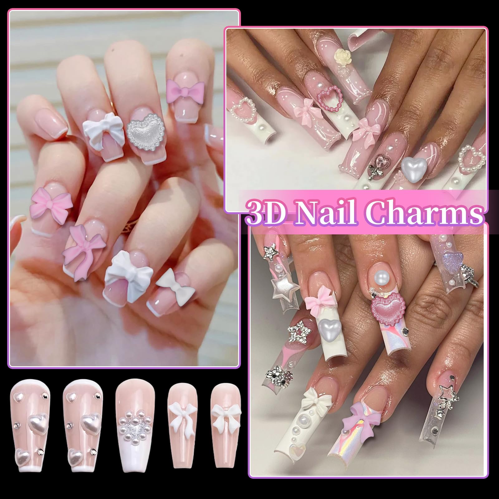 Pink&White Bows Assorted Nail Charms, 3D Acrylic Nail Charms and Flatback Pearls Nail Charms, Mixed Styles Bow Heart Flowers Color Nail Art Charms for Nail Art Manicure DIY Crafts Jewel Accessories