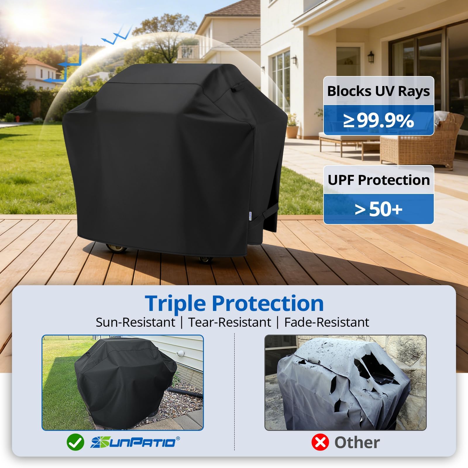 SunPatio Gas Grill Cover 60 Inch, Outdoor Heavy Duty Waterproof Barbecue Gas Cover, UV and Fade Resistant, All Weather Protection Compatible for Weber Charbroil Brinkmann Grills and More, Black