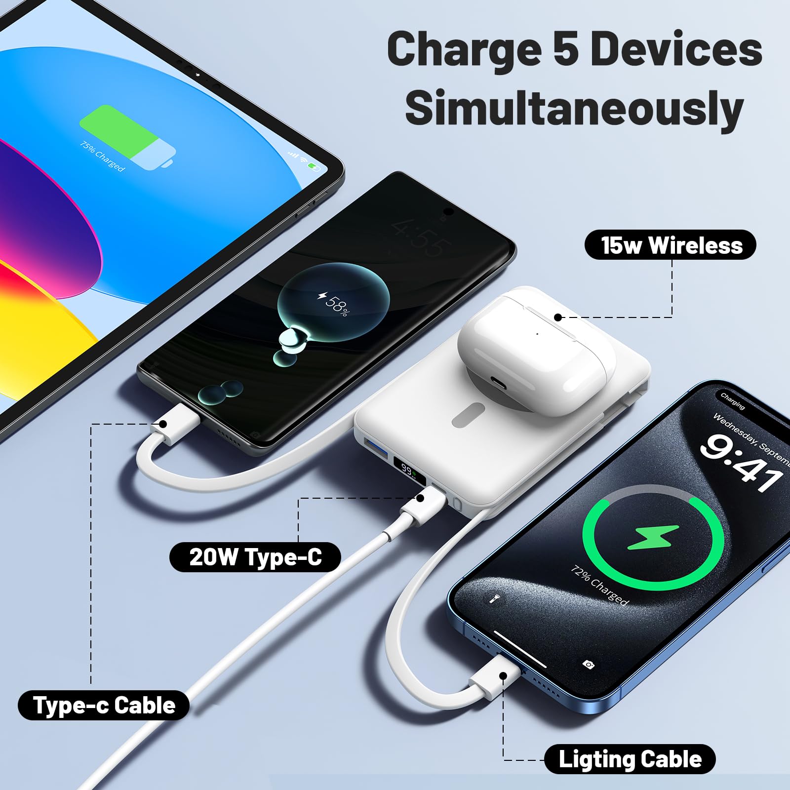 Azmuth for Magsafe Battery Pack, 10000mAh Magnetic Power Bank 22.5W PD Fast Charging with USB-C Cable LED Display Wireless Portable Charger with Stand for iPhone 16/15/14/13/12/Pro (White)