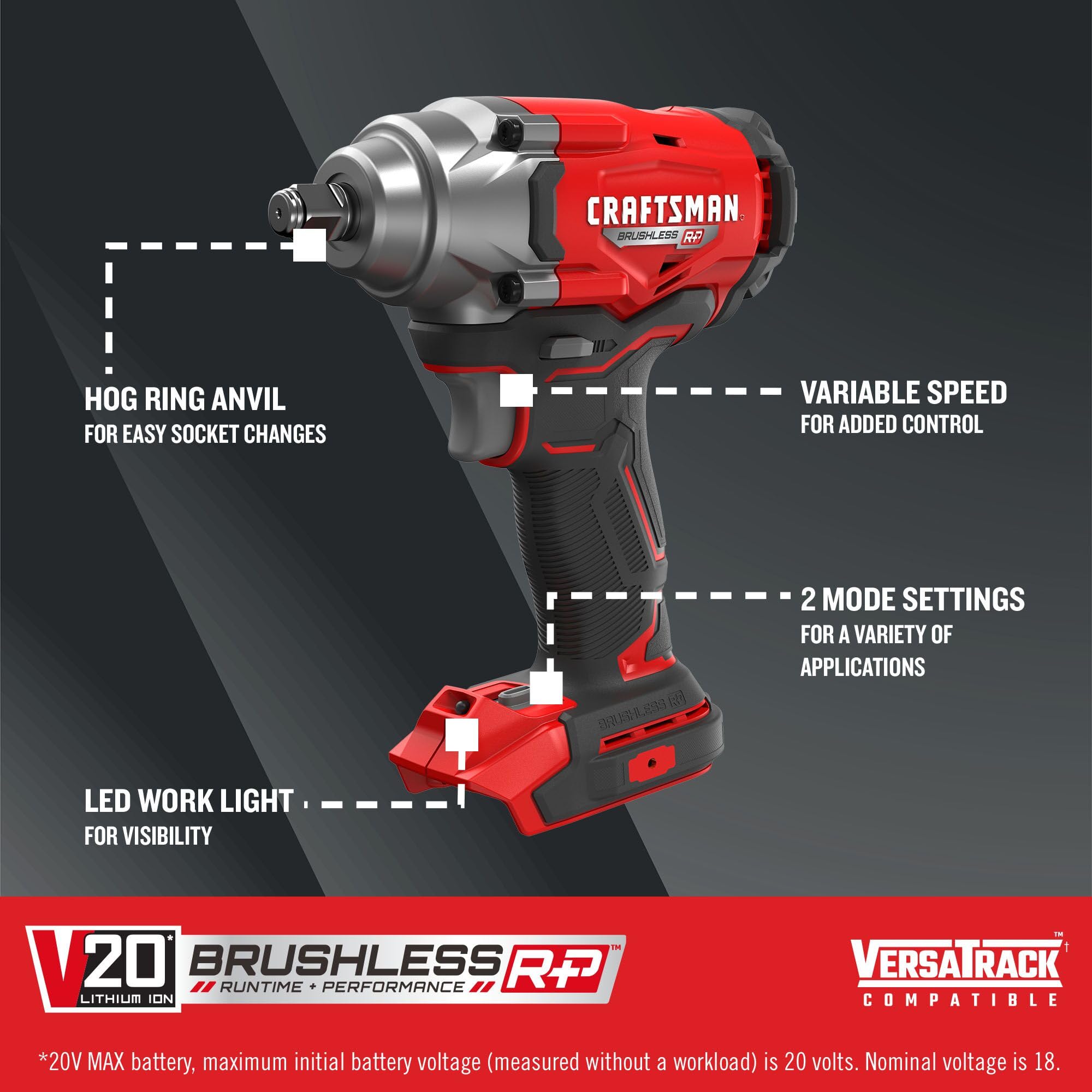 CRAFTSMAN V20 Cordless Impact Wrench, 1/2 inch, Bare Tool Only (CMCF921B)