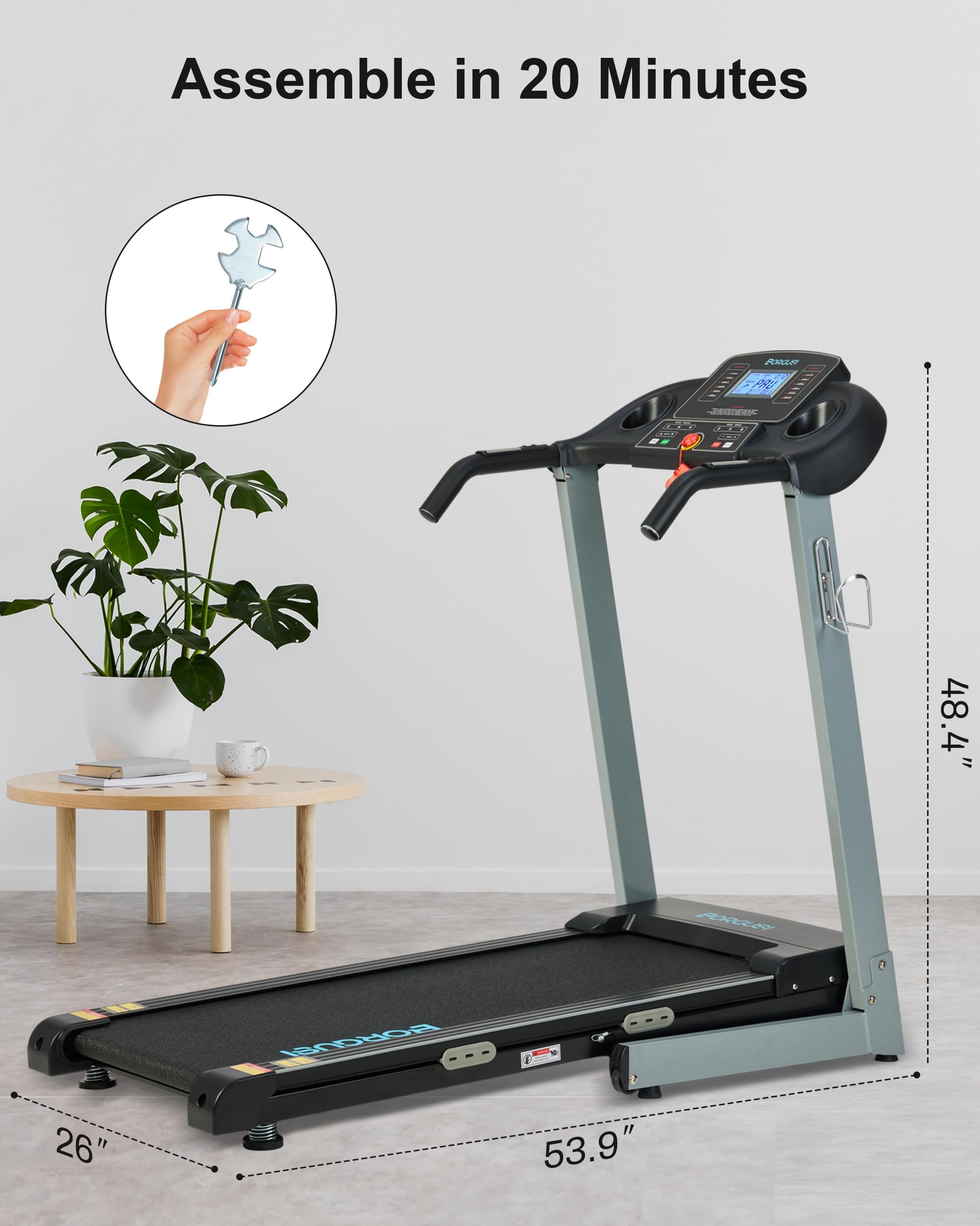 BORGUSI Auto Incline Treadmill with 300 LBS Capacity, 3HP Folding Electric Treadmills for Home, Running Machine with 17.5 Wide Belt, Shock Absorption, 8.5 MPH Speed, Preset Programs, Bluetooth Speaker