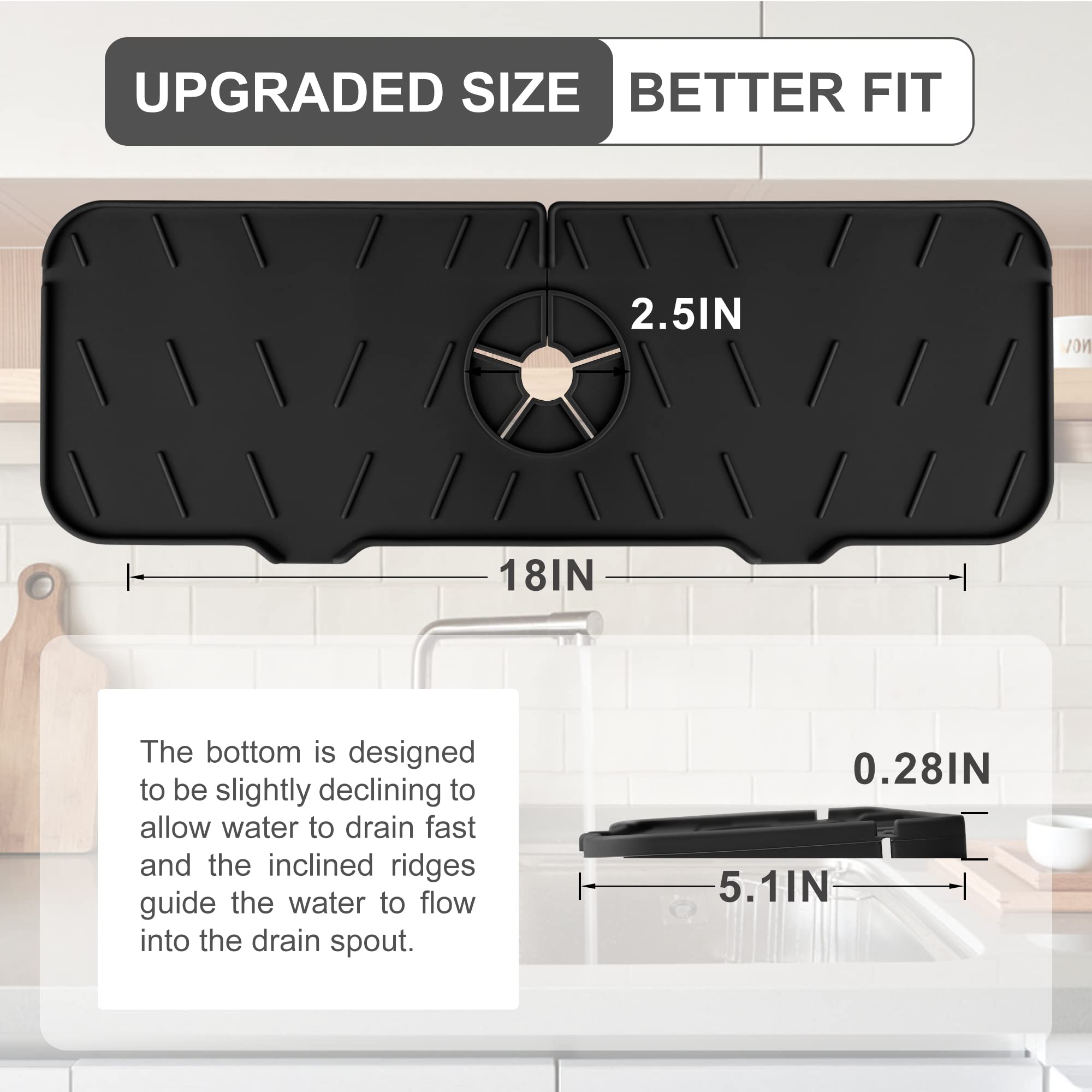 Meiliweser Silicone Sink Splash Guard Gen 2 - Slope Upgraded Faucet Mat, 15" x 5.5", Sink Gadgets-Splash Guard Behind Faucet Water Drip Catcher Mat for Kitchen, Bathroom, Sink Sponge Holder(Black)