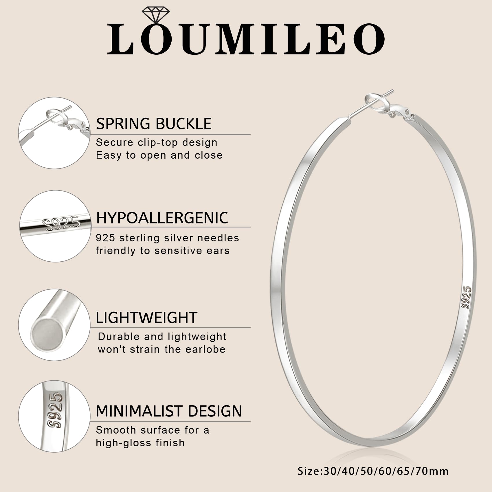LOUMILEO Large Silver Hoop Earrings for Women Hypoallergenic Sterling Silver Hoop Earrings Lightweight Big Silver Hoop Earrings 3mm Thin Silver Hoop Eearrings for Women Girls 70MM