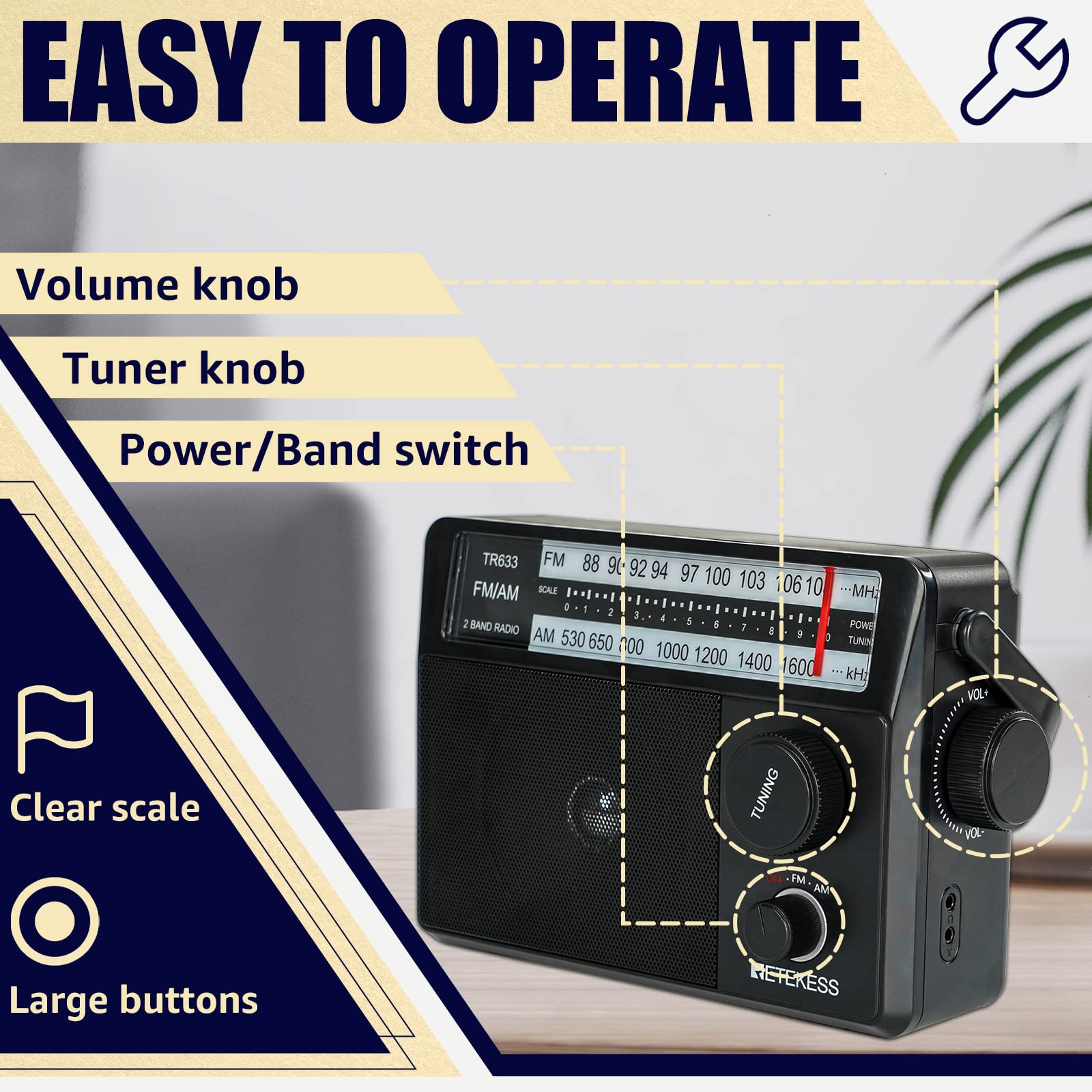 Retekess TR633 AM FM Radios with Best Reception, Portable Radio Plug in Wall, External Antenna Jack, Battery Operated Radio by 4 AA Batteries Or AC Power for Senior, Home