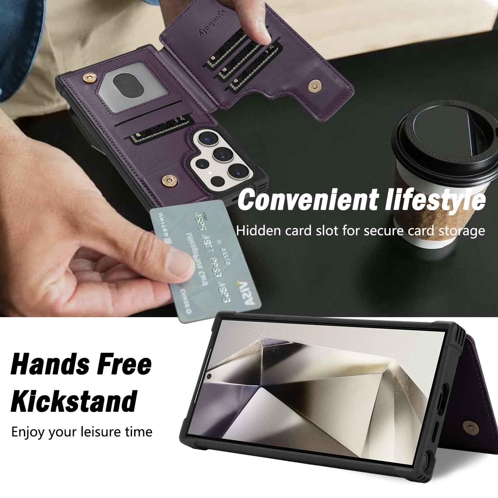 symboly for Samsung Galaxy S24 Ultra Wallet Case with Kickstand, Flip Card Holder Leather Cover Women Men Shockproof Protective case for Galaxy S24 Ultra Phone case (Purple)
