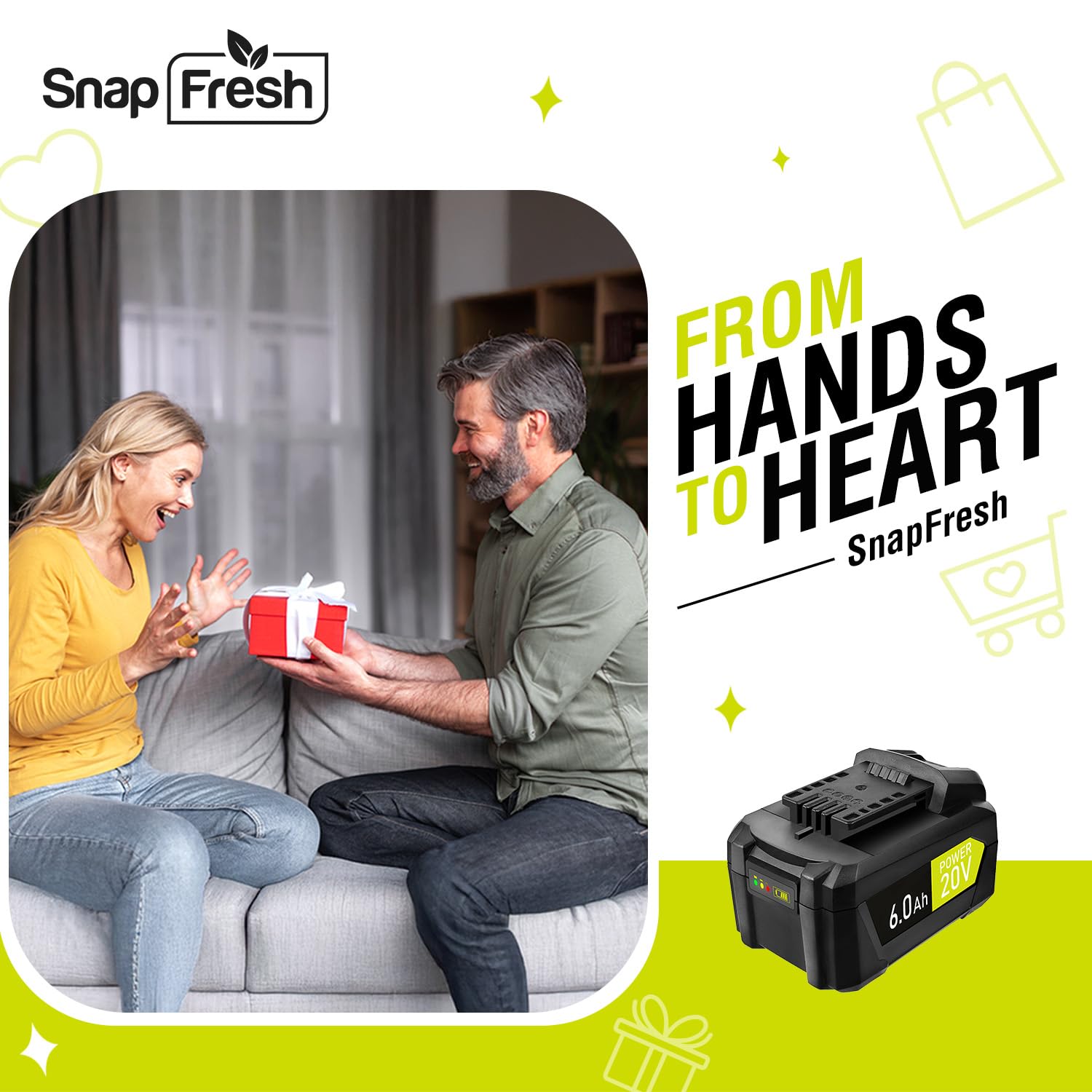 SnapFresh 20V 6.0Ah Li-ion Battery, (Not Compatible with Other Brands), Lithium-Ion Battery Support Fast Charging(BBT-DC60A)