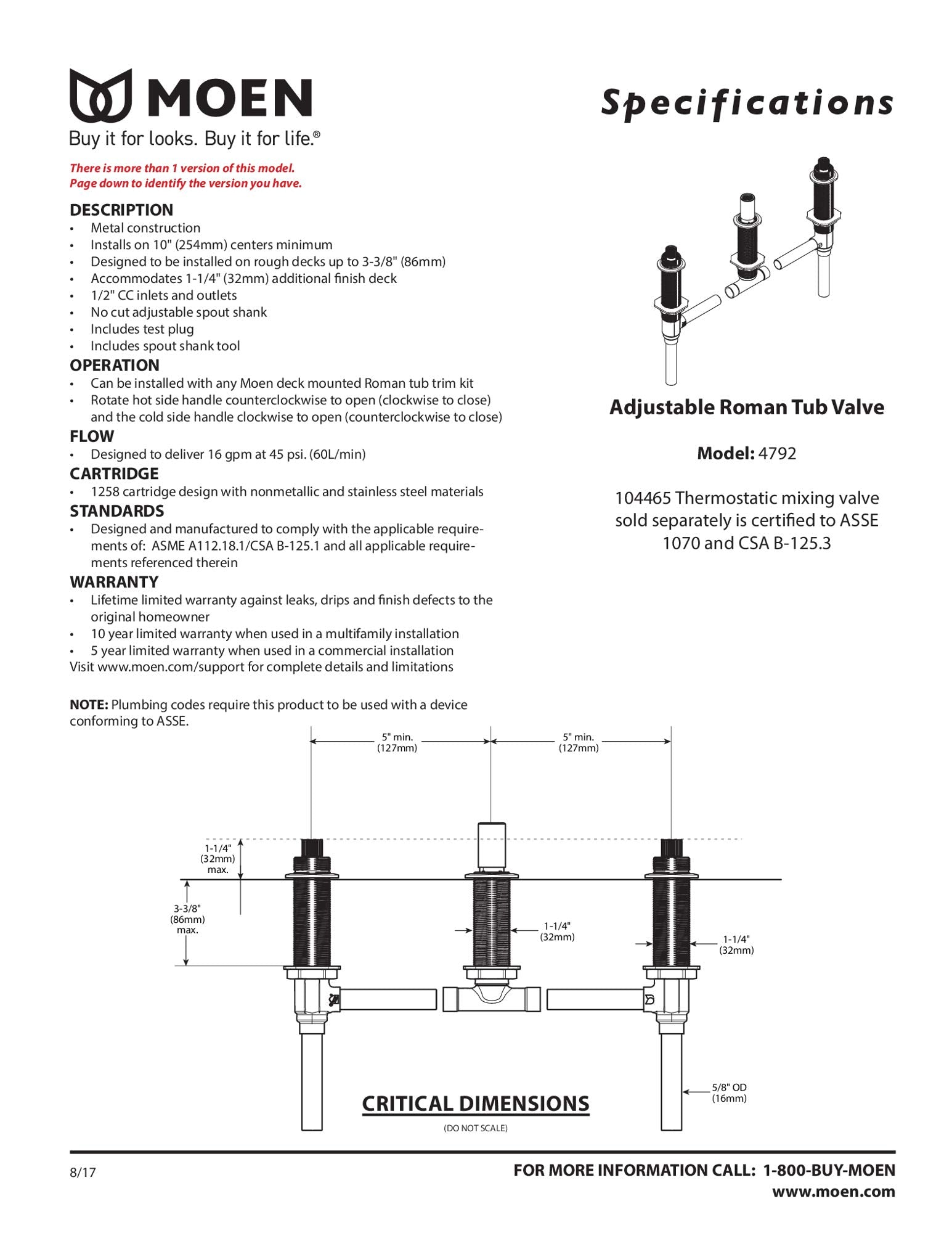 Moen Brass Two Handle 3-Hole Roman Tub Valve Adjustable 1/2-Inch CC Connection, 4792