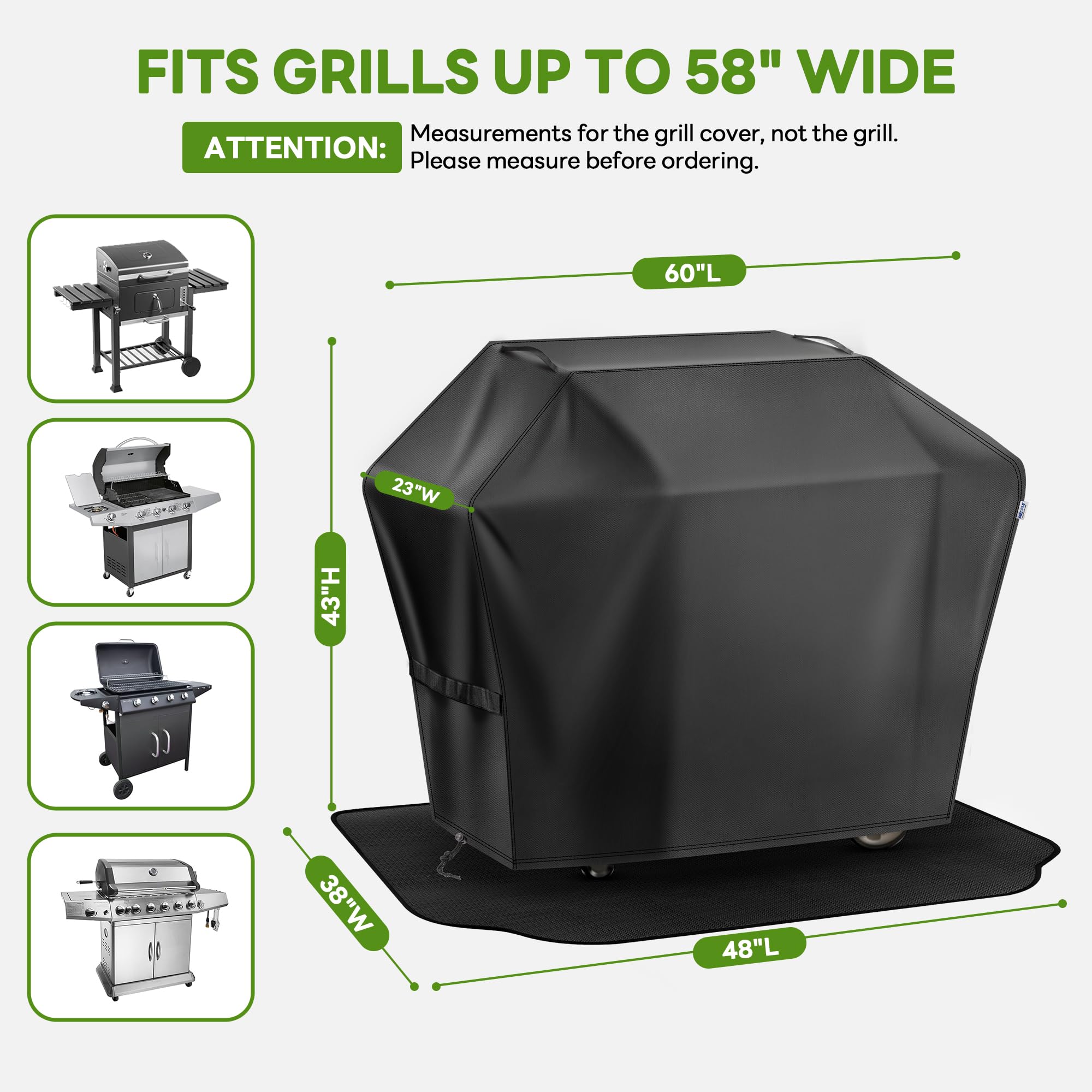 Mepple Grill Cover 60 Inch & Under Grill Mat,Waterproof Fade Resistant Anti-UV Barbecue Grill Cover & Weather Protection BBQ Cover for Griddle Outdoor,Compatible with Weber Nexgrill Charbroil Grill