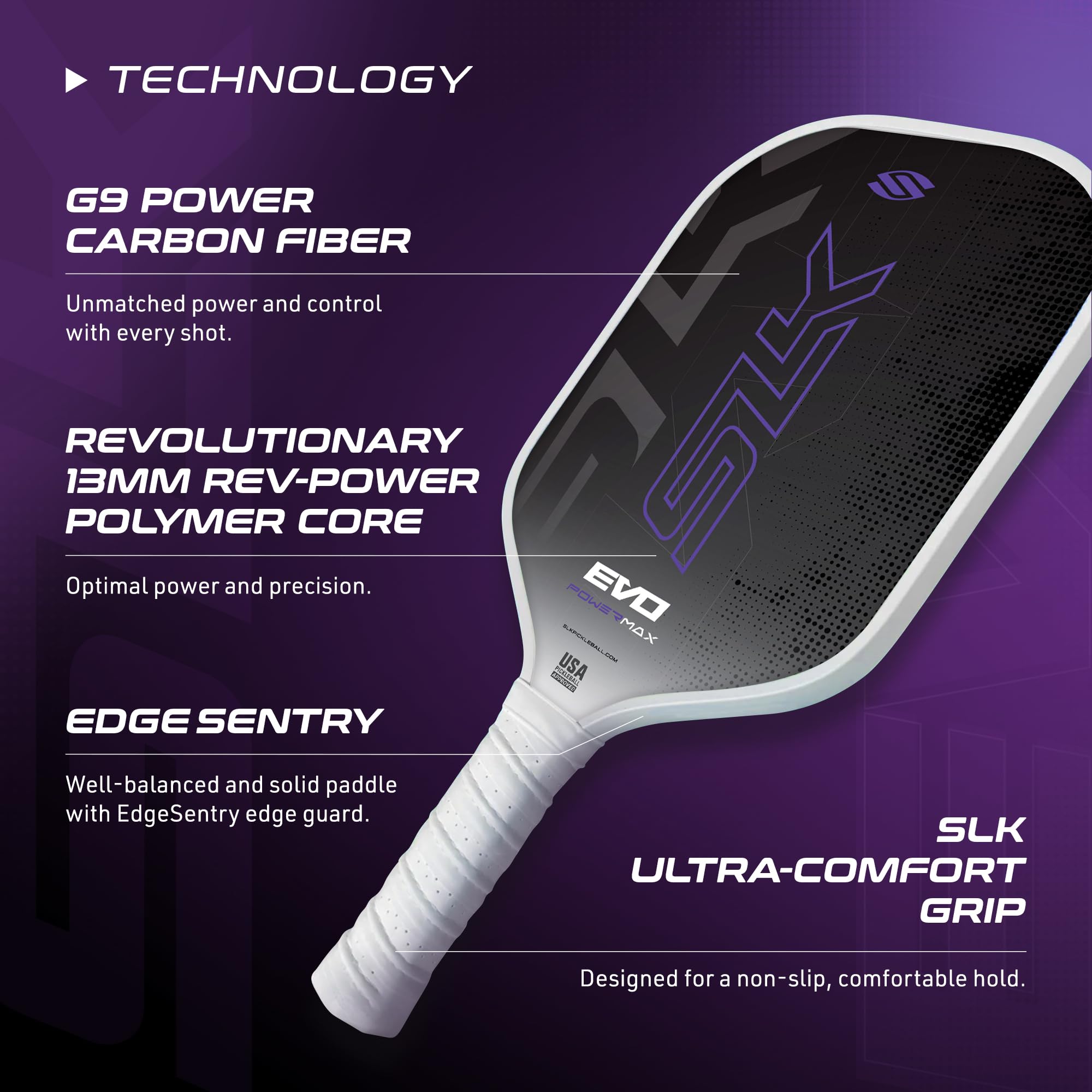 Selkirk Sport SLK Evo Power XL Pickleball Paddle by Selkirk Sport | G9 Power Carbon Fiber Pickleball Paddle with SpinFlex Surface and Rev-Hybrid Polymer Core | Power Purple XL