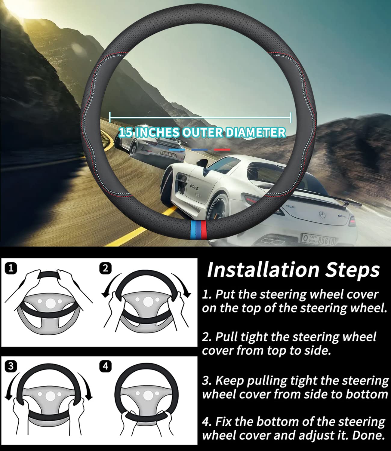 Deer Route Custom-Fit for BMW Steering Wheel Cover, Premium Leather Car Steering Wheel Cover with Logo, Non-Slip, Breathable, for BMW Accessories (C-Style,for BMW)