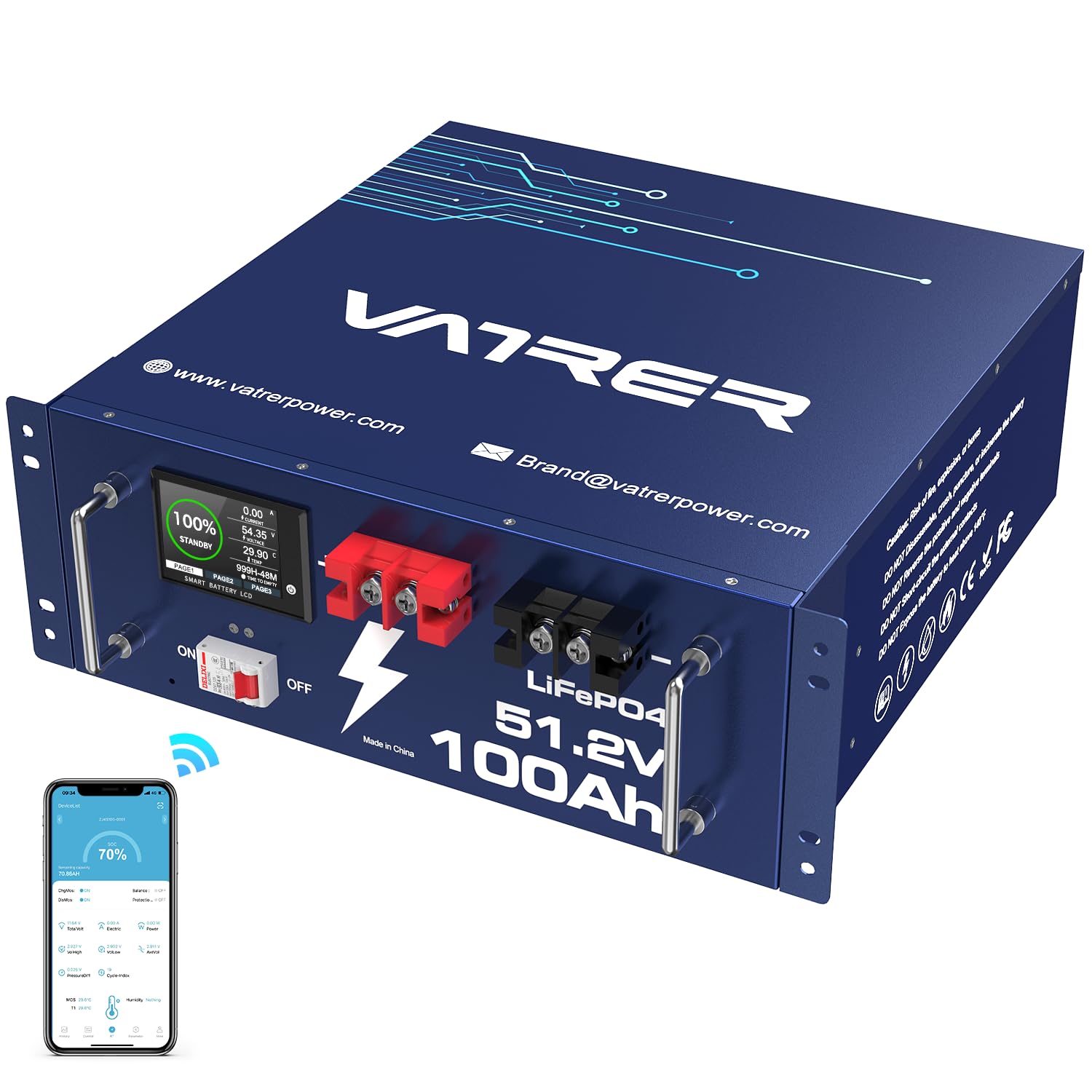 VATRER POWER 51.2V 100AH Lithium LiFePO4 Battery, Built-in 100A BMS, with Touchable Smart Display & Mobile APP, Max. 5120W Power Output, 5000+ Cycles, Perfect for Solar System &Off-Grid Applications