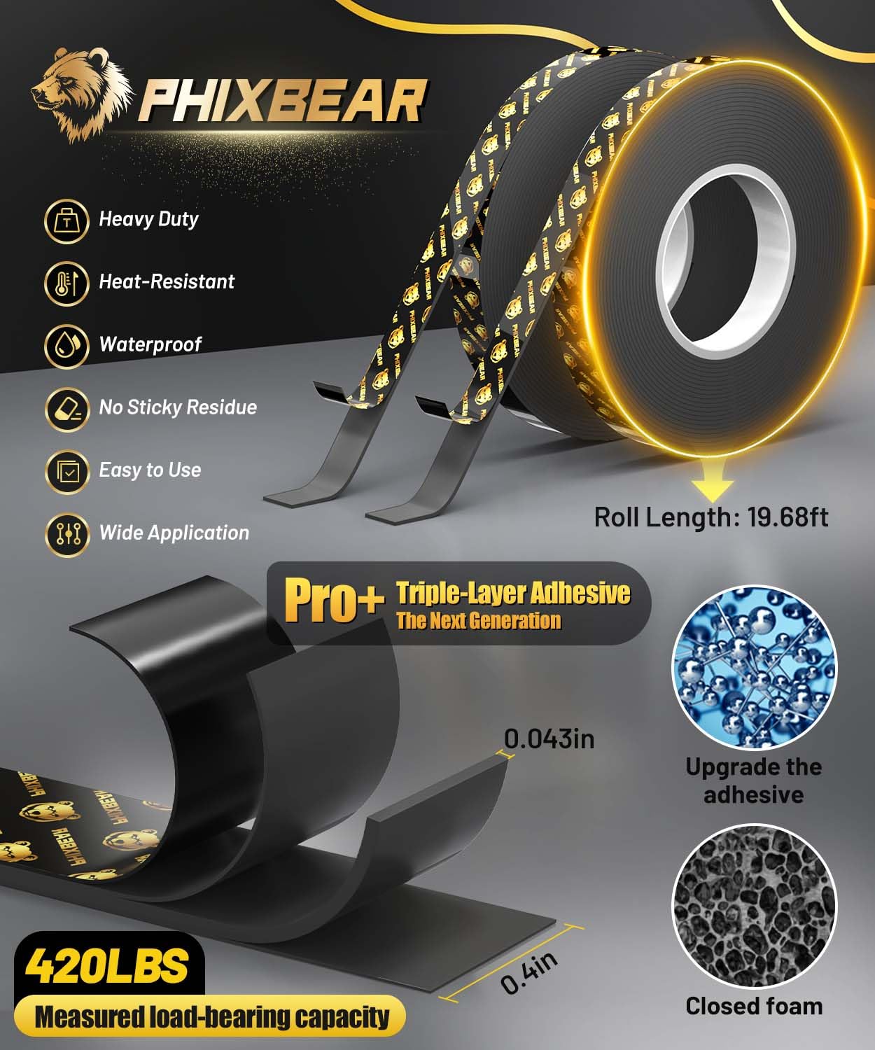 PHIXBEAR 2 Rolls Double Sided Tape Heat Resistant Heavy Duty Pro+, Super Strong Mounting Foam Tape for Automotive, LED Strip, Weatherproof Removable No Residue 0.4" x 19.7 FT