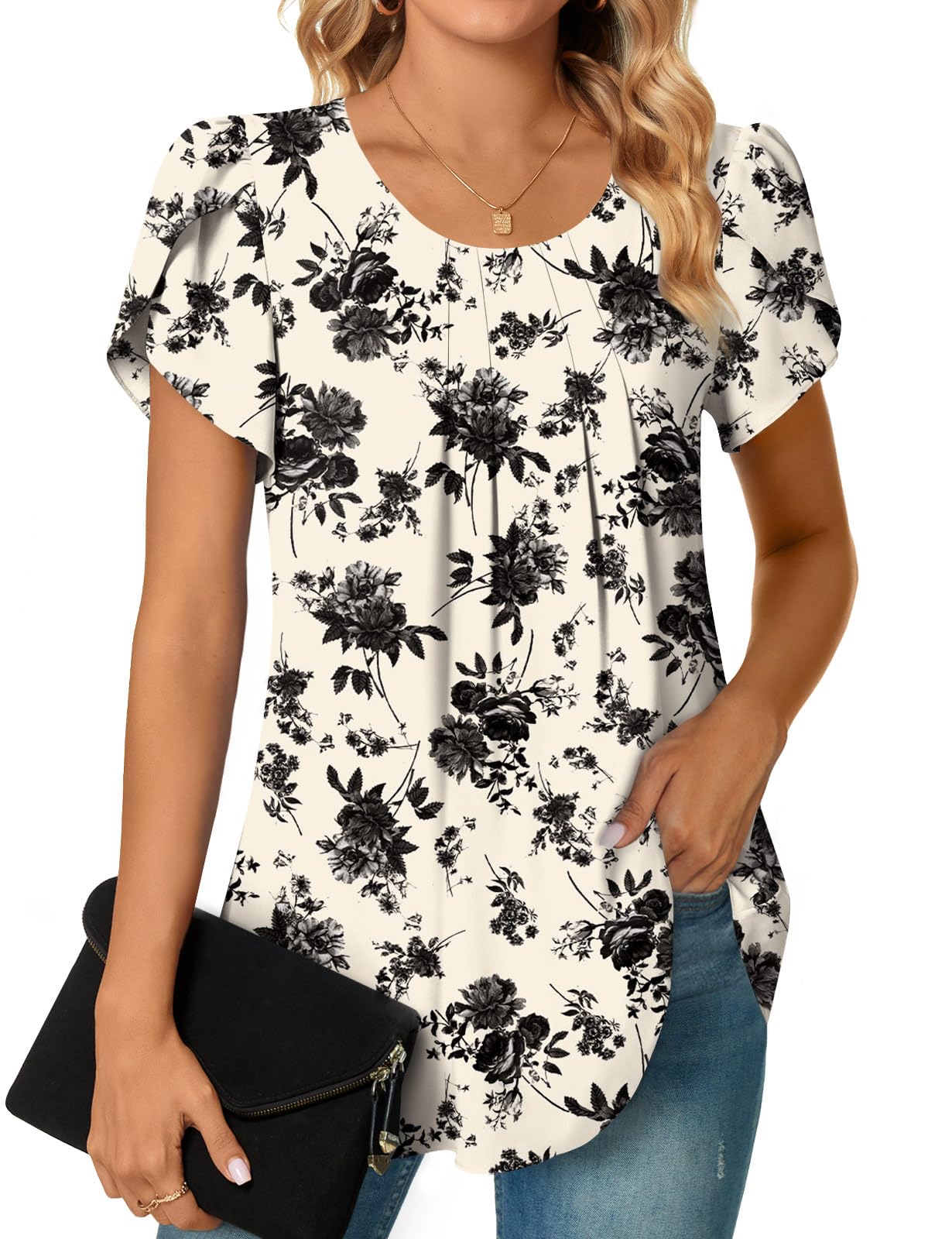 Bestbee Womens Plus Size Tops Dressy Casual Summer Chiffon Blouses Short Sleeve Dress Shirts Business Loose Fit Tunics, 3XL, Black Fl Beige
