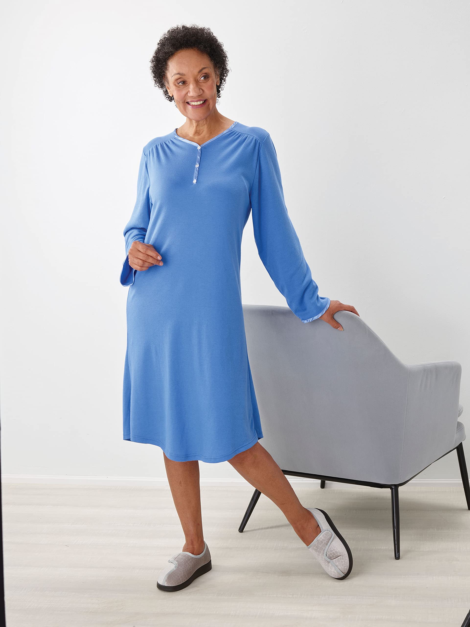 Women’s Open Back Adaptive Henley Nightgown - Long Sleeve Hospital Gown for Seniors with Satin Trim - Navy 3XL