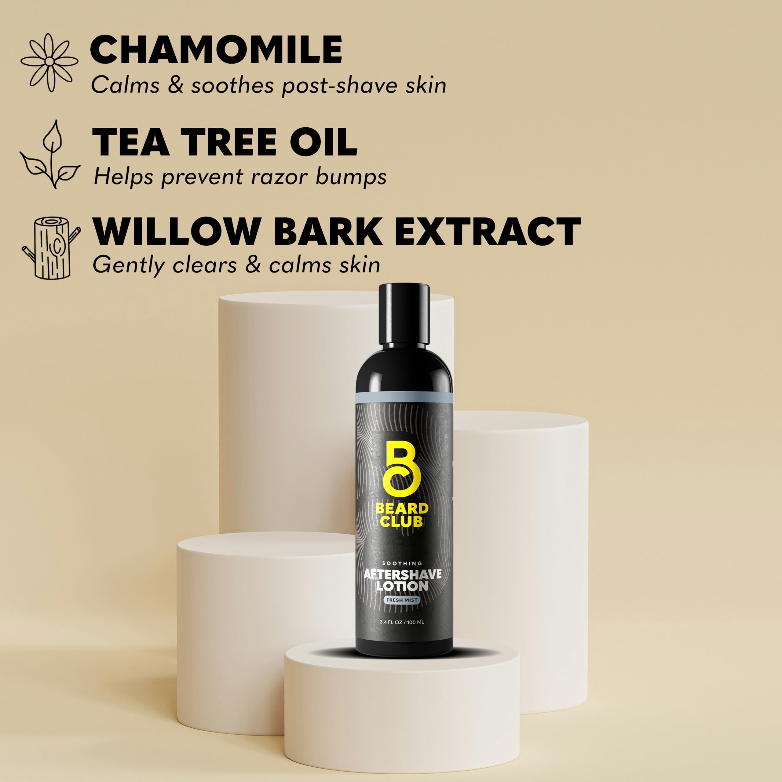 The Beard Club Aftershave for Men – Soothing After Shave Lotion for Men with Chamomile, Tea Tree Oil & Willow Bark – Post Shave Balm Calms Irritation, Prevents Razor Burn & Bumps - 3.4 Fl Oz - 1 Pack