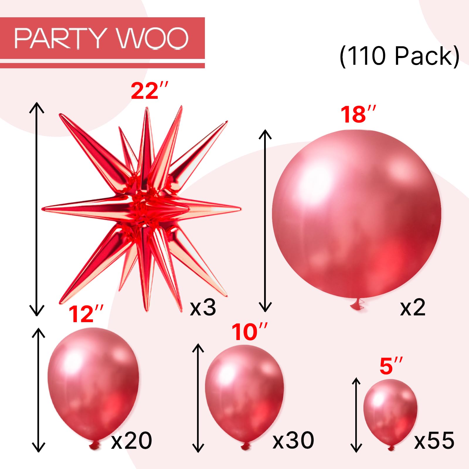 PartyWoo Metallic Red Star Balloons 110pcs Different Sizes 18 12 10 5 Inch Pack 22 Inch Red Spike Star Explosion Foil Mylar Balloon Arch Kit for Birthday Engagement Party Decorations Pink-G104