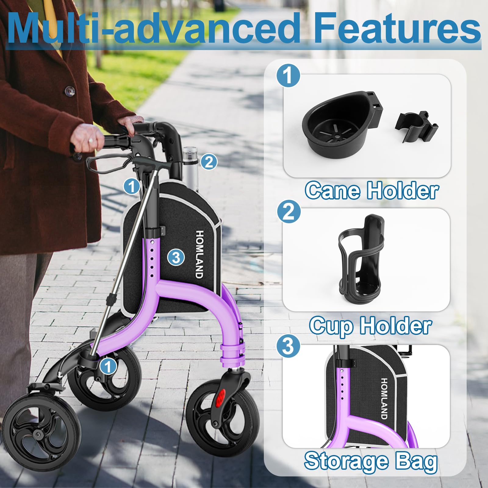 HOMLAND 3 Wheel Walkers for Seniors, Foldable Wheeled Rollator with Cane Hold and Cup Hold, Lightweight Three Wheel Rolling Walker Height Adjustable for Seniors