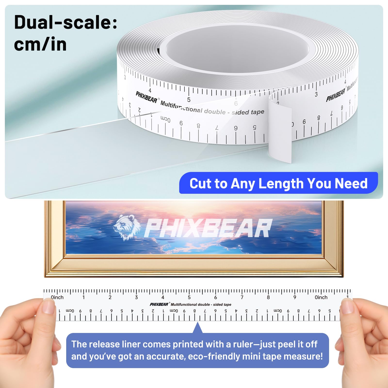 PHIXBEAR Double Sided Tape Heavy Duty, Heat Resistant and Removable, Clear Mounting Nano Tape with Measurement Guide (Printed Inch/cm Backing) Ideal for Home, Office, and Picture Hanging 1.18" x 9.85'