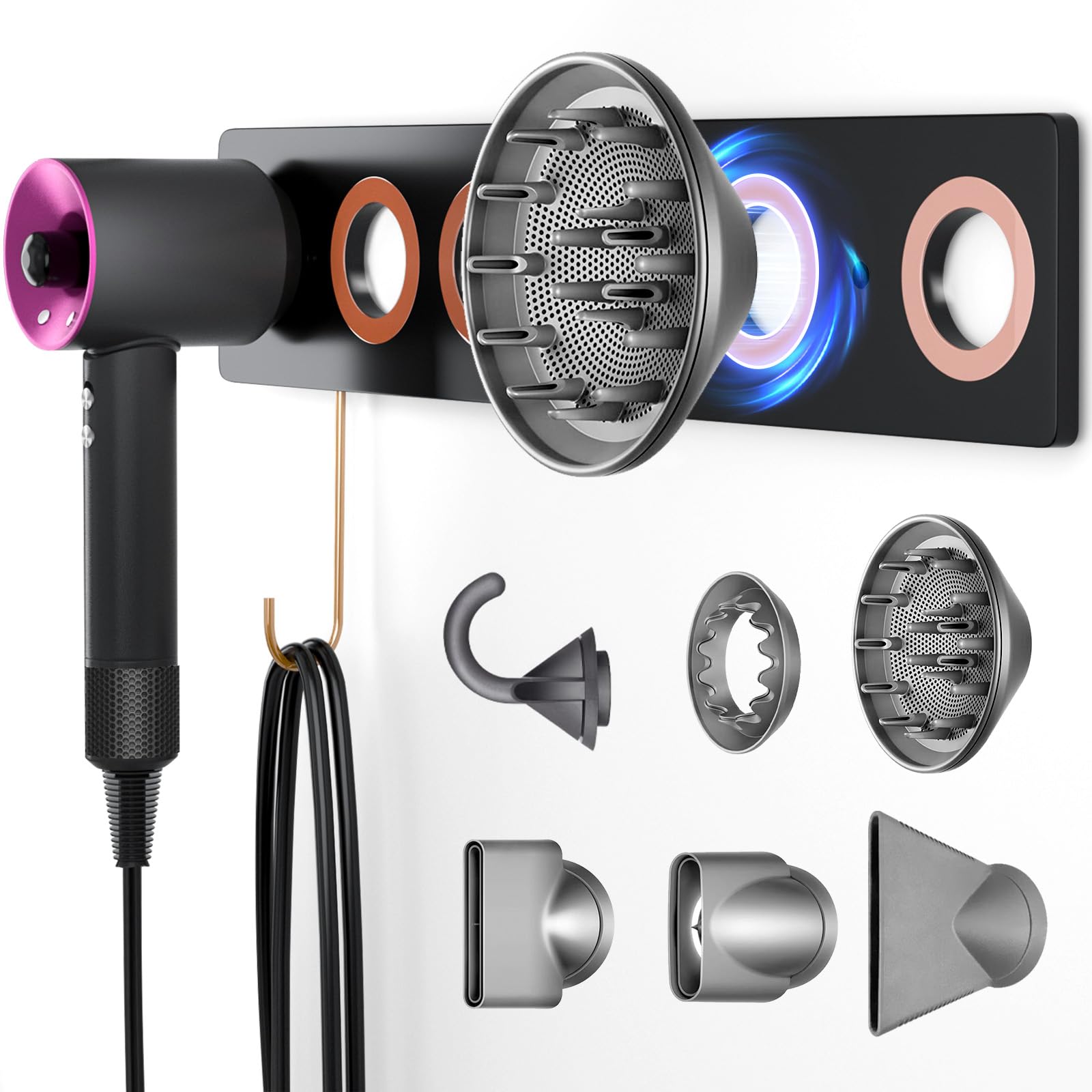 6-in-1 Magnetic Wall Mount for Dyson Supersonic Hair Dryers (HD15, HD08 and Previous Models), with 5 Magnetic Rings for The Accessories (Black)