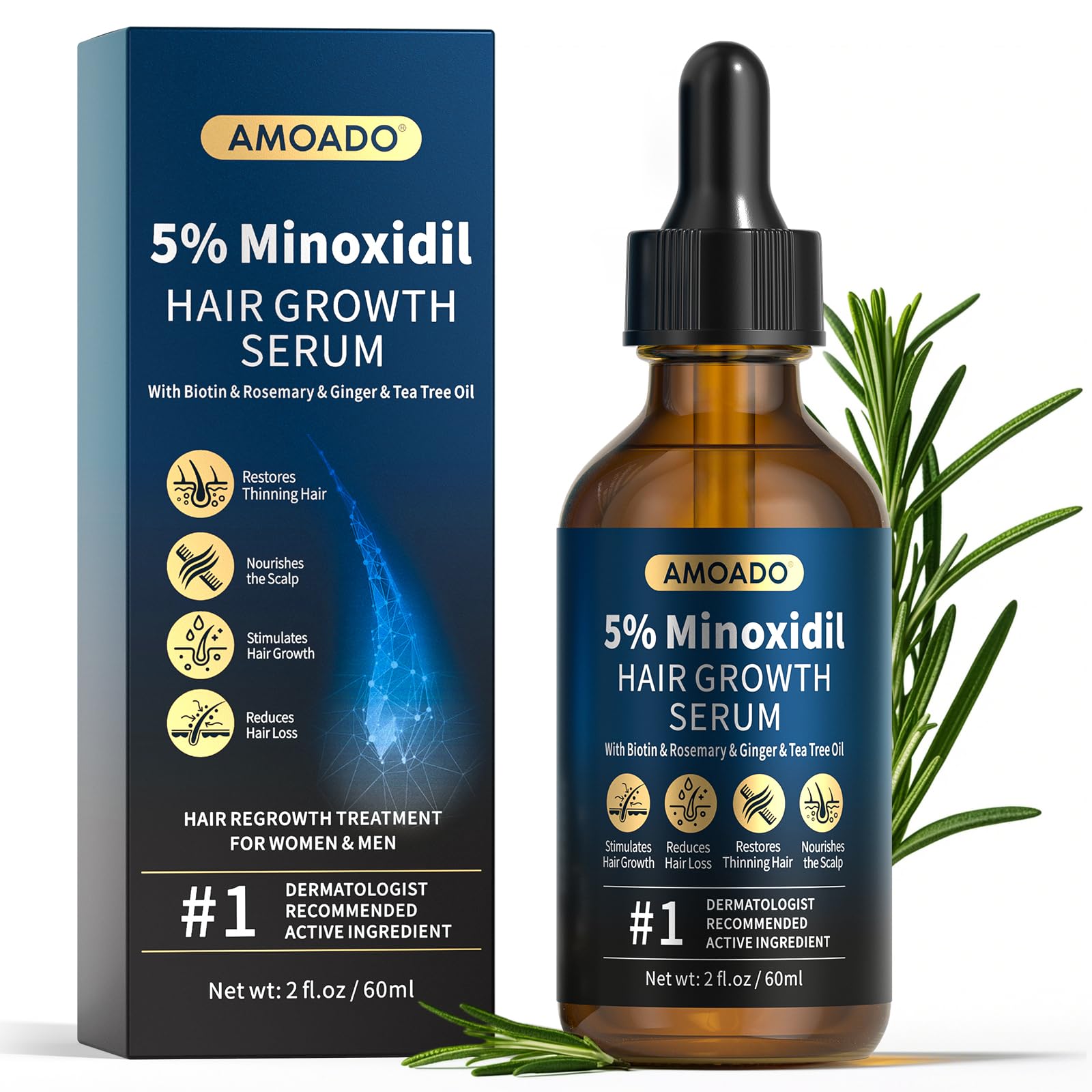 5% Minoxidil for Men and Women Hair Growth, AMOADO Minoxidil Serum with Rosemary&Biotin for Hair Regrowth, Beard Growth, Extra Strength,Thicker, Fuller Hair -2fl.oz