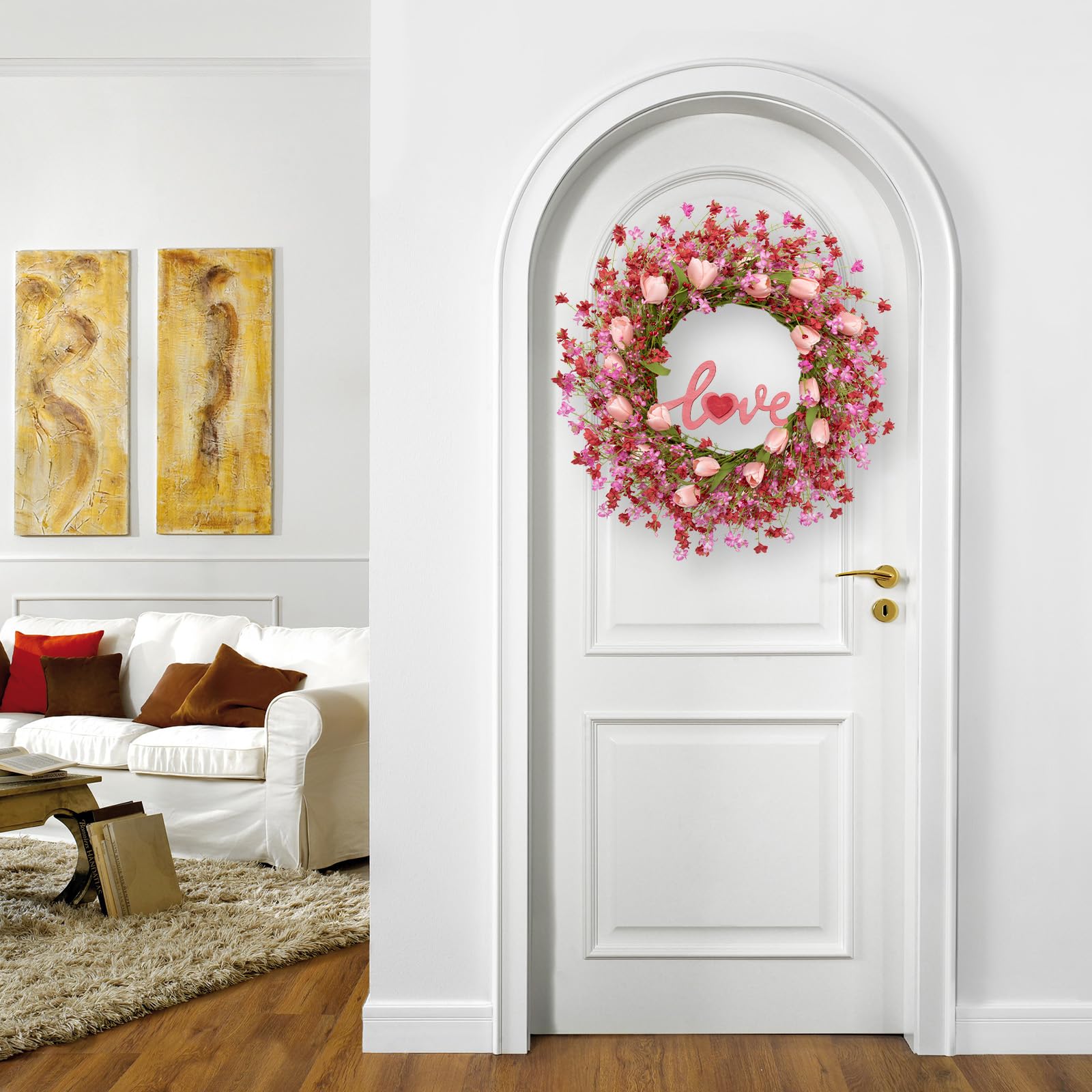 LLZLL Valentines Day Wreath Decor, 22inch Artificial Pink Wreath with Tulip Berry Green Leaf Element, Valentines Wreaths for Front Door Wedding Anniversary Party Candlelight Dinner Decorations