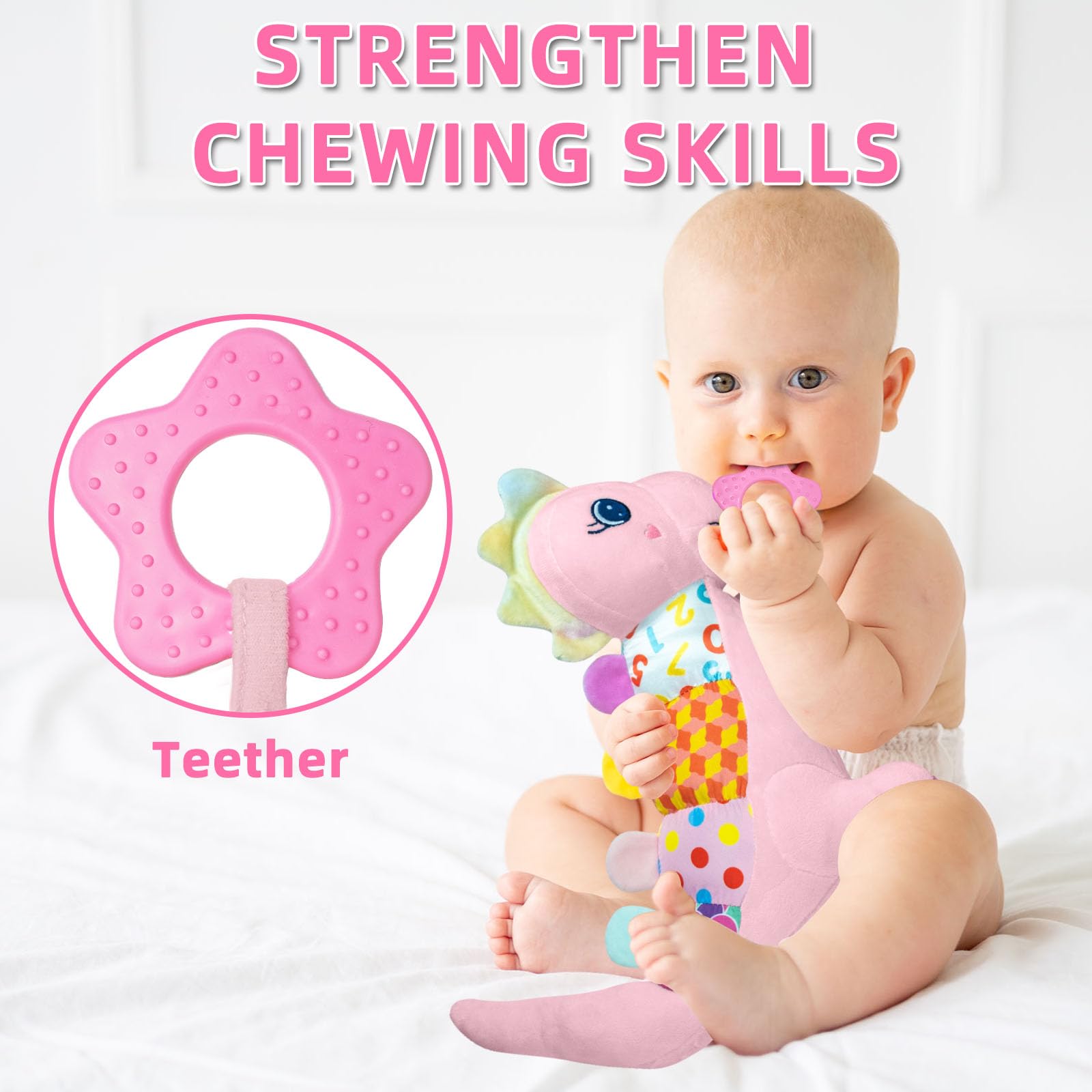 Baby Dino Musical Stuffed Animal Toys for 0-3-6-9-12 Months,Infant Dinosaur Tummy Time Toys with Crinkle Sound Paper,Teether,Textures & Rattles for Newborn Boys Girls Birthday Gifts,Pink