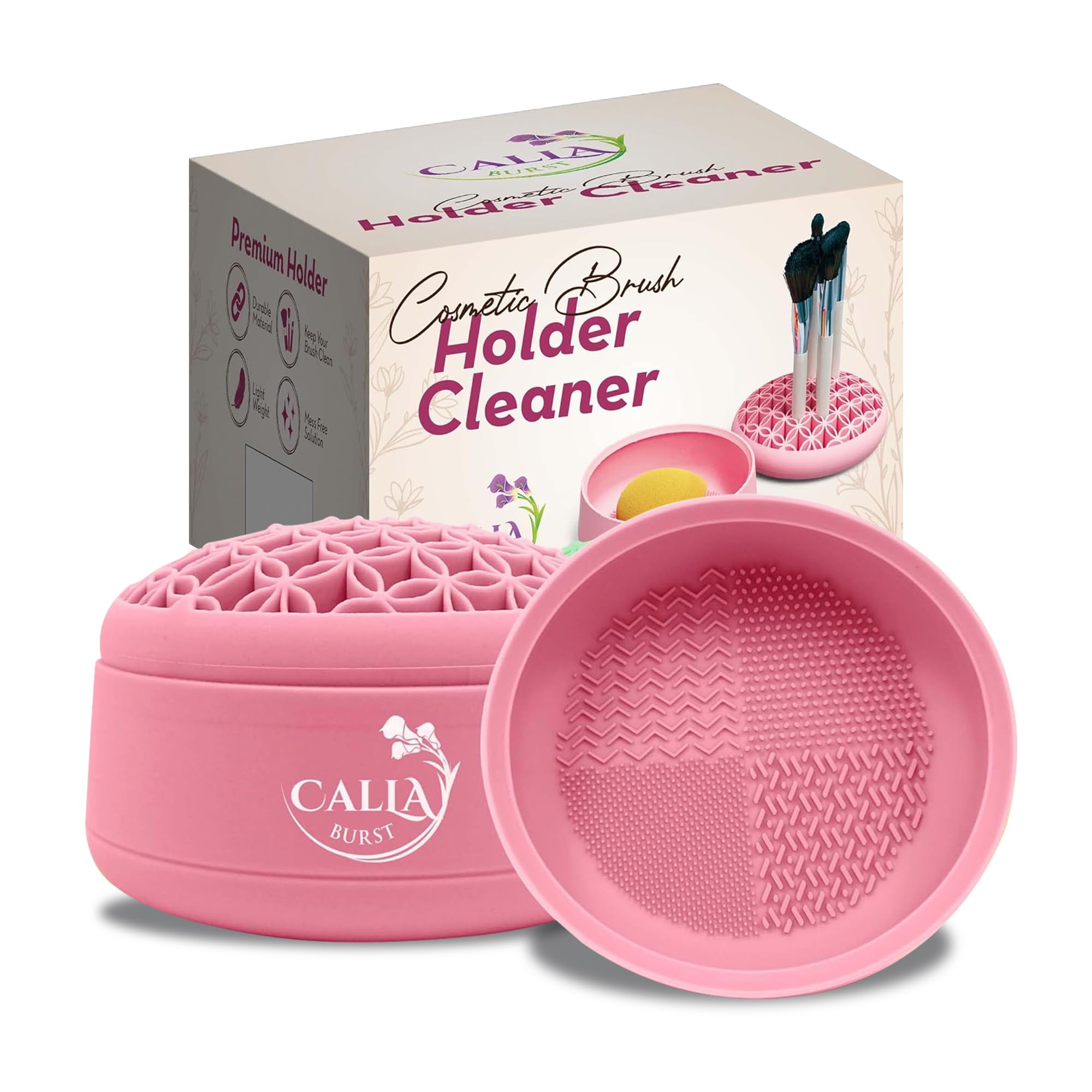 CallaBurst 3 in 1 Silicone Makeup Brush Cleaner - Make up Brush Cleaner Mat with Makeup Brush Drying Rack & Brush Organizer, Silicone Washing Tool Cleaning Bowl for Beauty Cosmetic Brushes (Pink)