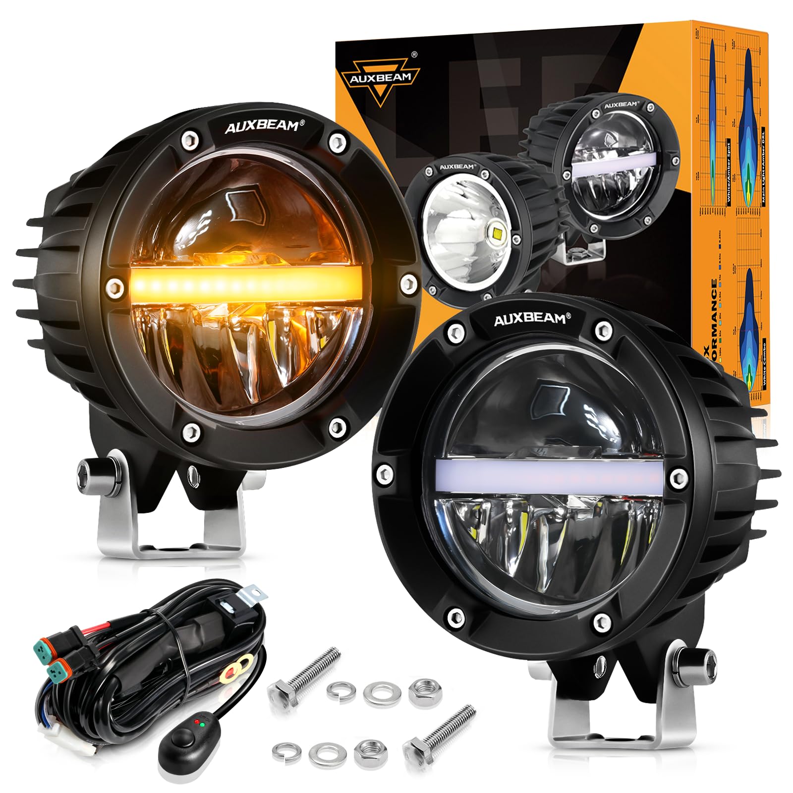 Auxbeam 4 Inch 110W Round Offroad Lights, Amber DRL Design 11000LM LED Light Pods, Super Bright 7035 SMD LED Work Driving Fog Light with DT Wiring Harness Kit for Truck Jeep Pickup SUV ATV UTV, 2 PCS