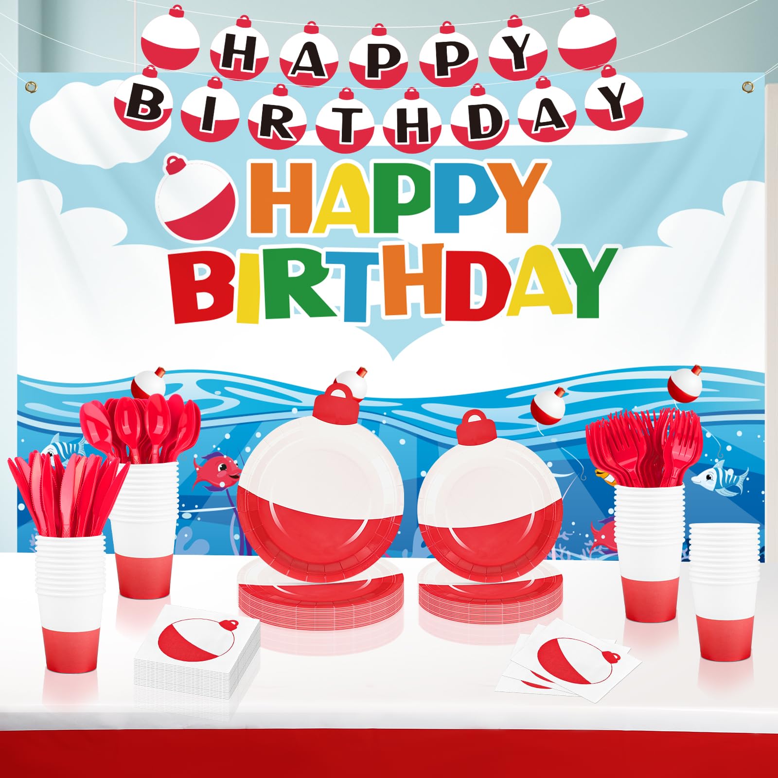 TWOWYHI 183PCS Gone Fishing Birthday Decorations Party Supplies Set 24 Guests Fishing Birthday Party Paper Plates Napkins Cups Banner Backdrop Tablecloth for Fishing Party Decorations Tableware Set