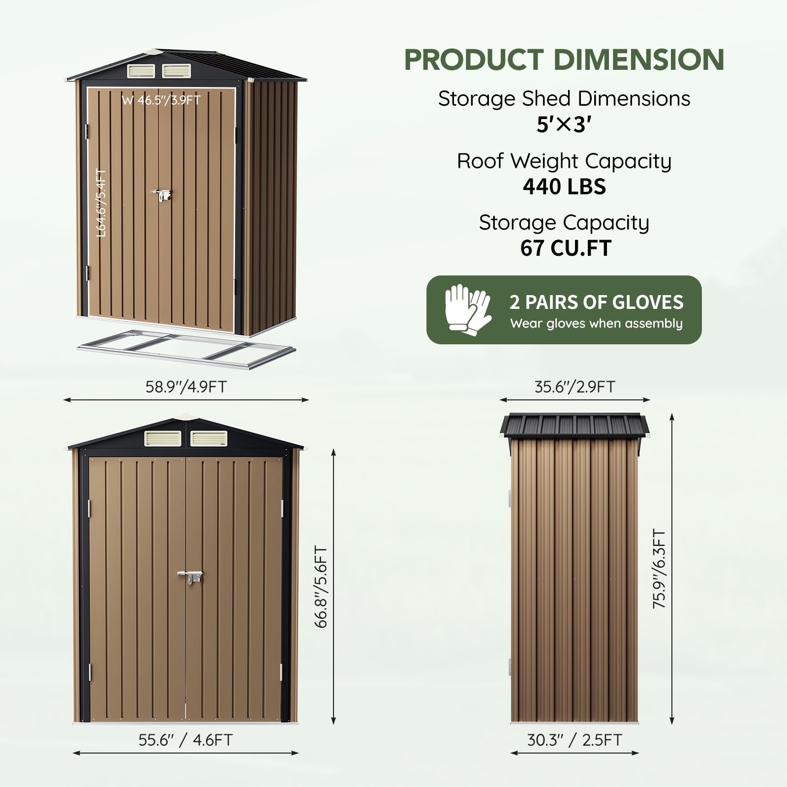 Grovellis 5x3 FT Outdoor Metal Storage Shed with Floor Frame, Double Door, 1 Clear Window, Tool Shed for Garden, Patio, Backyard Brown