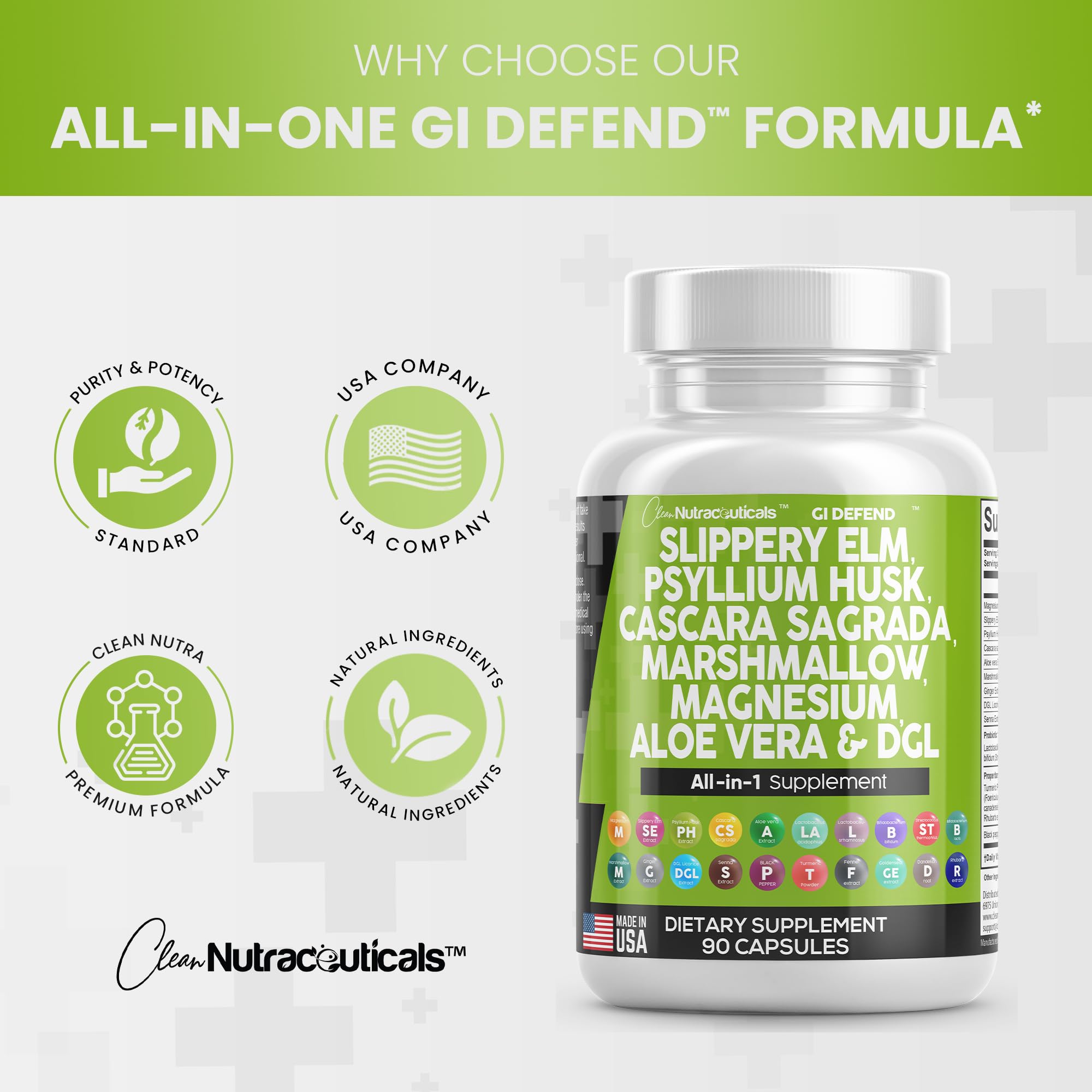 Clean Nutraceuticals Slippery Elm 5000mg Psyllium Husk 2000mg Pre Probiotic Digestive Gut Health Supplement with Aloe Vera Cascara Sagrada 2000mg Marshmallow Root DGL Licorice Senna Extract