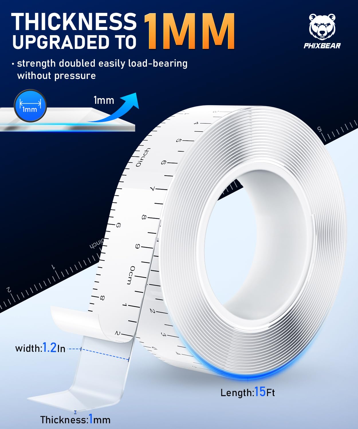 PHIXBEAR Heavy Duty Mounting Tape with Inch Measure Mark, Removable Clear Traceless Double Sided Strong Adhesive Tape for Wall, Carpet, Poster, Dorm Room, No Residue 1.18" x 15Ft