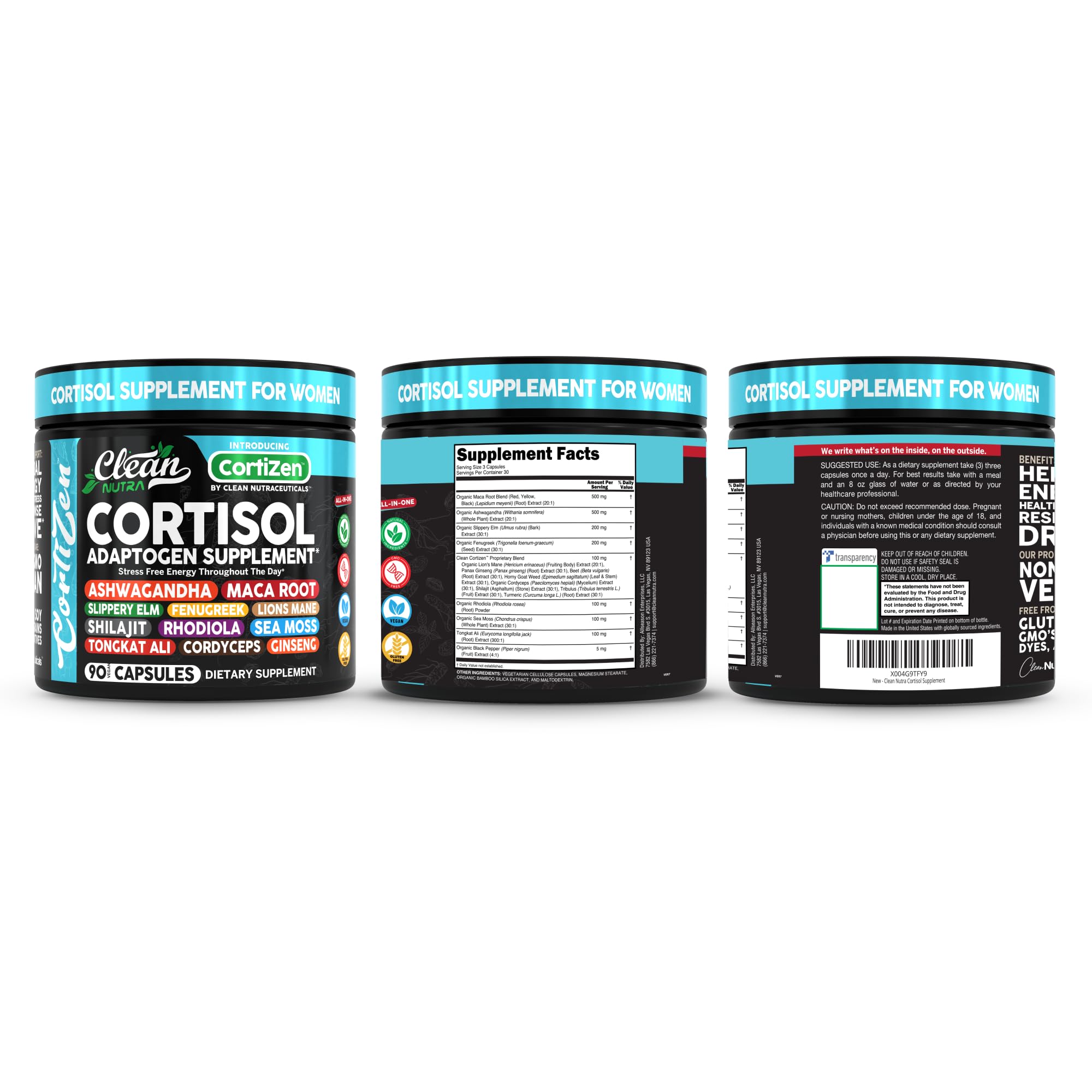 Clean Nutra Cortisol Supplements For Women | Maca Root Ashwagandha Cortisol Detox Manager Reducer + Slippery Elm Fenugreek Lions Mane Shilajit Rhodiola Sea Moss Tongkat Ali Cordyceps Ginseng Beet Root