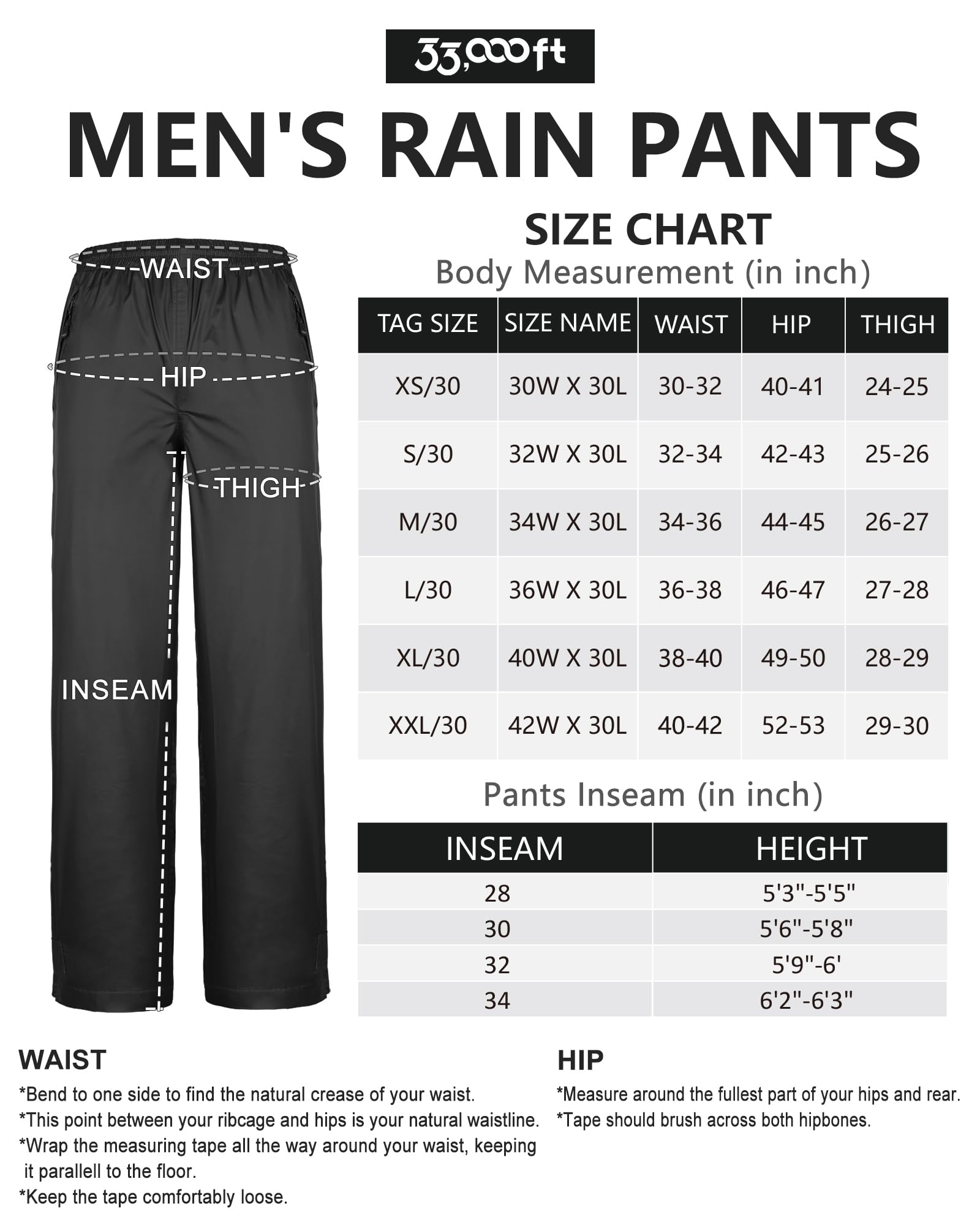 33,000ft Men's Rain Pants, Waterproof Rain Over Pants, Windproof Outdoor Pants for Hiking, Fishing Black