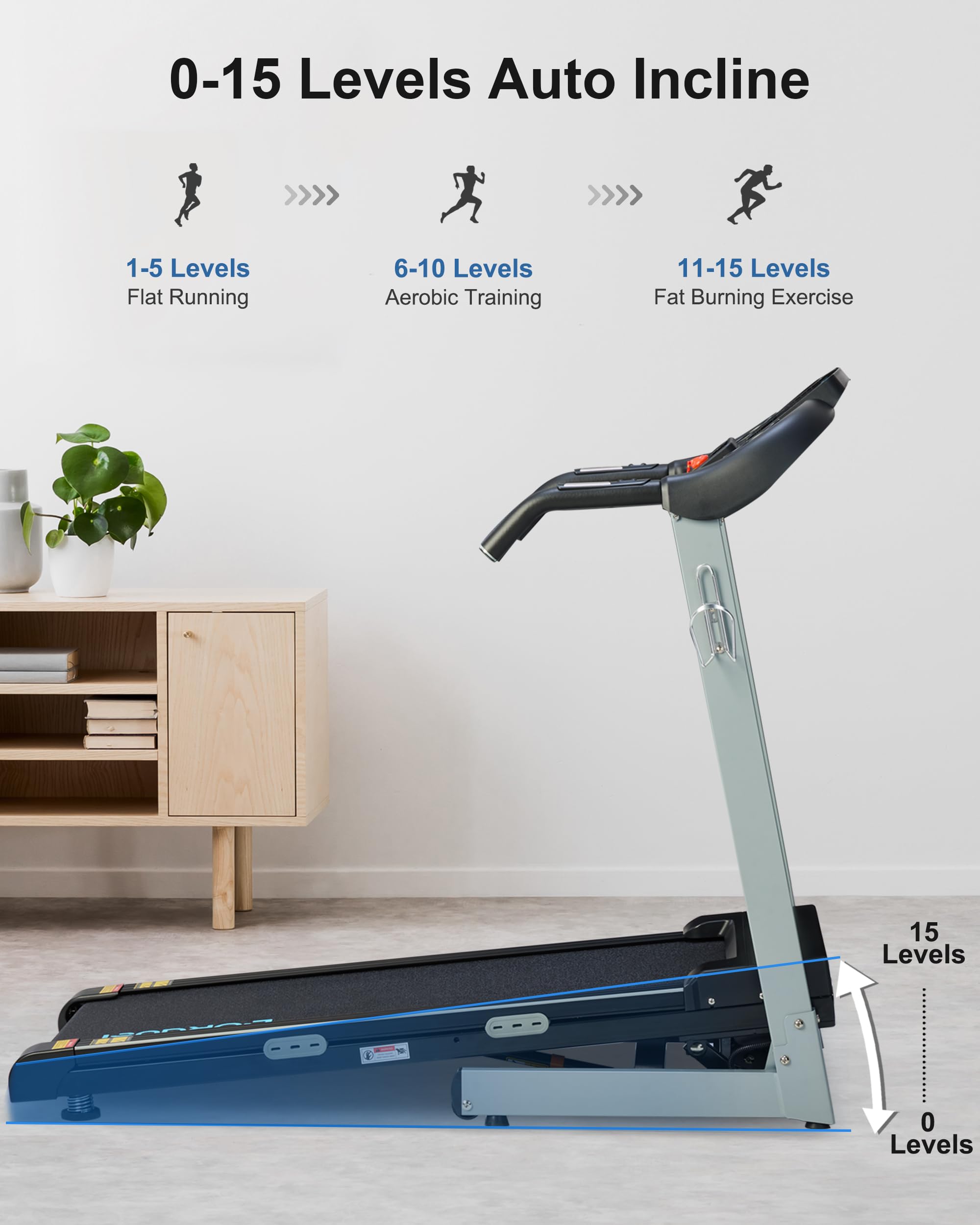 BORGUSI Auto Incline Treadmill with 300 LBS Capacity, 3HP Folding Electric Treadmills for Home, Running Machine with 17.5 Wide Belt, Shock Absorption, 8.5 MPH Speed, Preset Programs, Bluetooth Speaker
