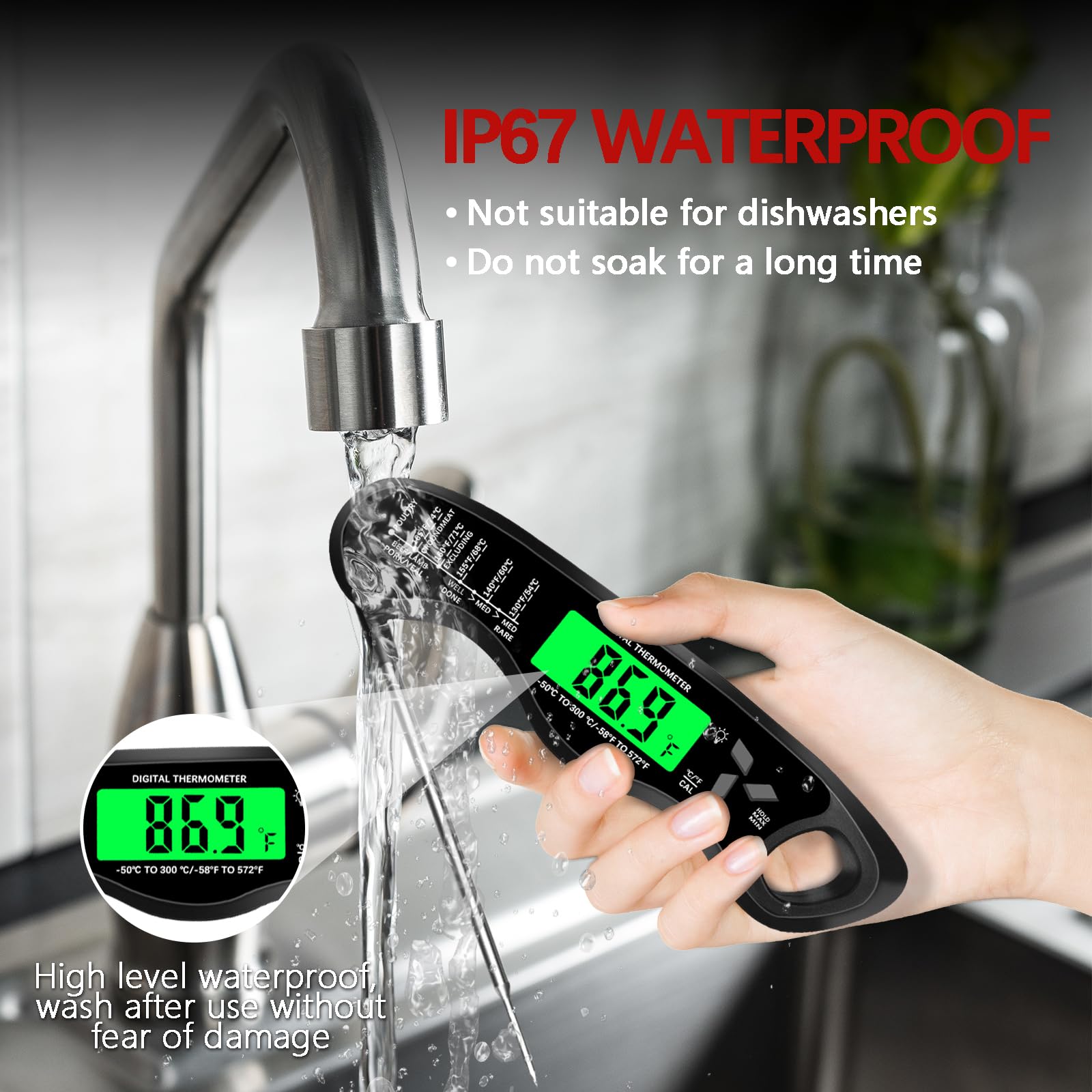 Meat Thermometer Digital,IP67 Waterproof Cooking Thermometer with Backlight, Calibration & Hold Function,Food Thermometer for Cooking,Outdoor Grilling