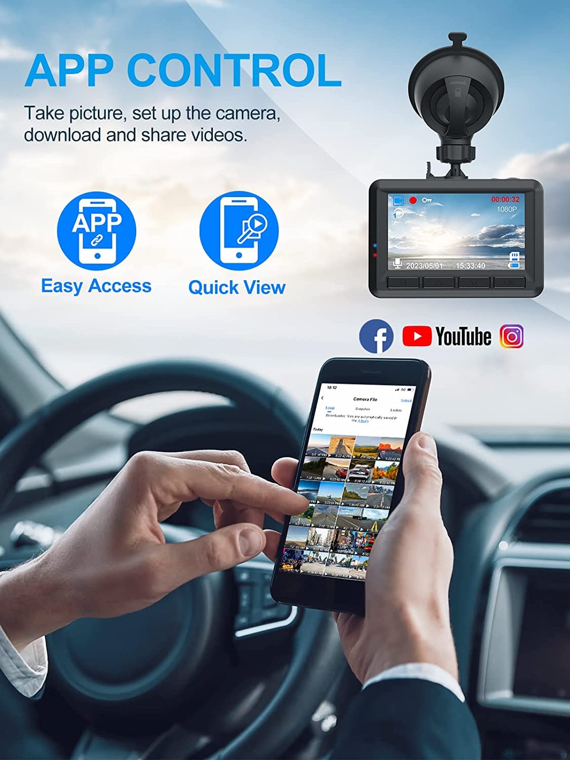 Dash Cam FHD 1080P Mini Dash Camera for Cars with WiFi, 2.45" IPS Screen, Night Vision, WDR, Loop Recording, G-Sensor Lock, 170°Wide Angle and Parking Monitor