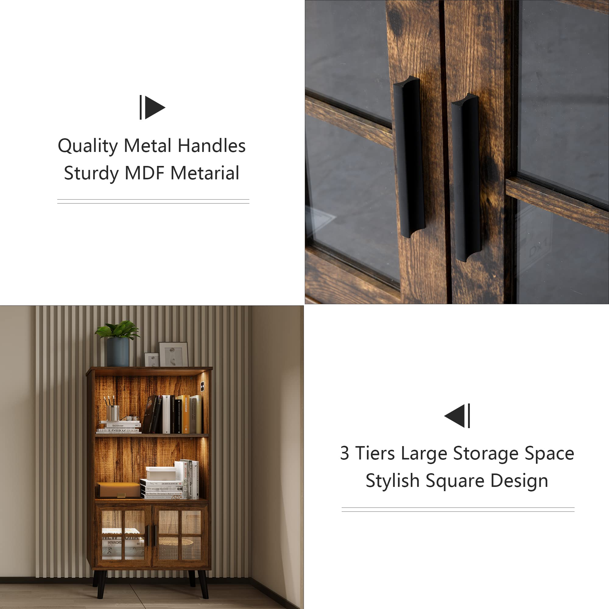 LVSOMT 3 Shelf Bookcase with LED Lights,Book Case with 2 Open Shelves, Storage Cabinet with Door, Human Body Induction Mode, Modern Wood Bookshelf for Bedroom/Living Room/Office, Brown