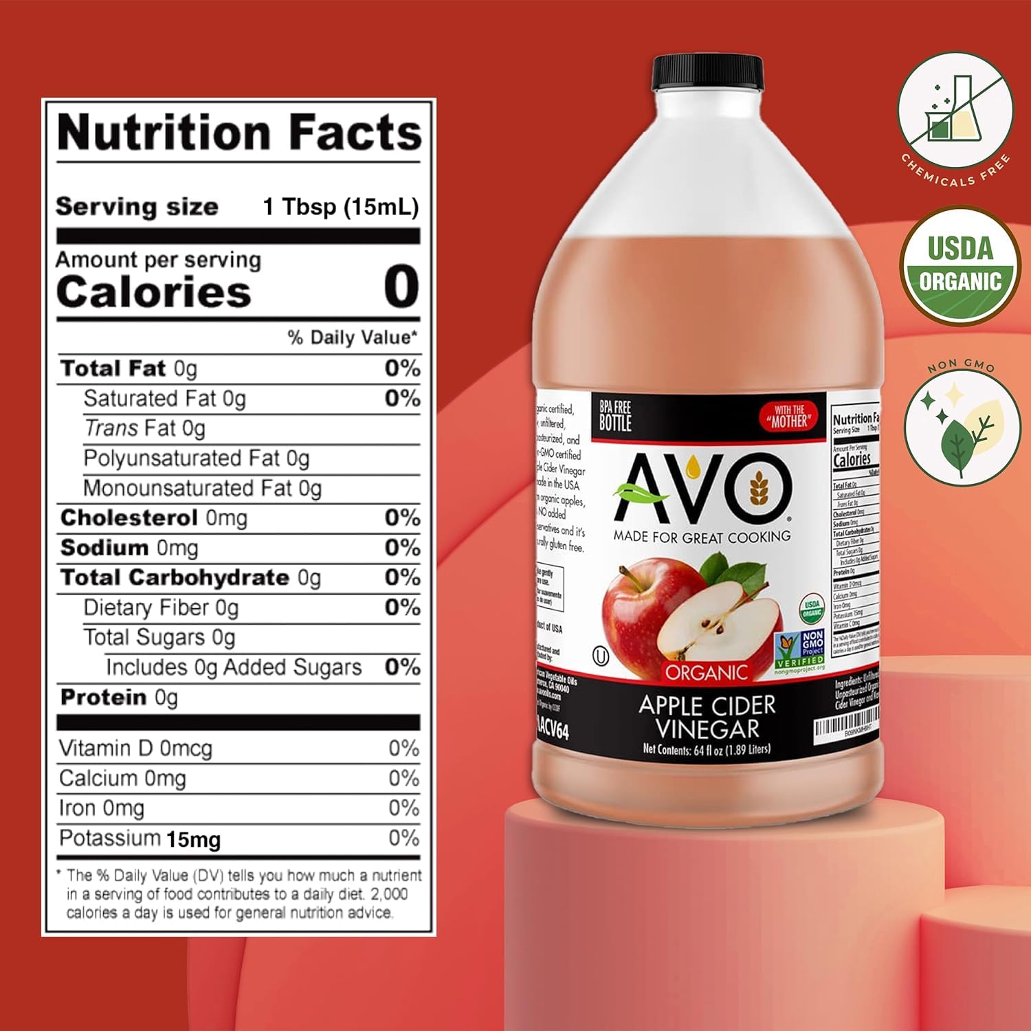 AVO Naturally Processed ORGANIC NON-GMO Apple Cider Vinegar with the Mother – Raw, Unfiltered, Unpasteurized All Natural Ingredients (64 oz)