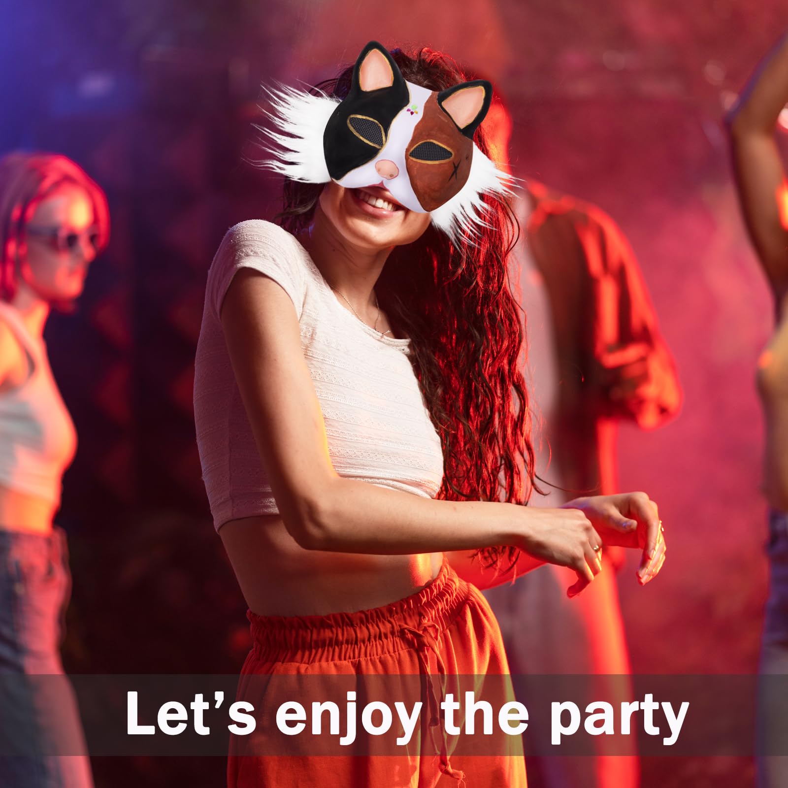 OPPKIE Cat Fox Mask 3PCS with Furs Eye Meshes and Gem Stickers, Therian Dress Up Masks to Paint, Animal Mask Arts Crafts Kit, Costume Masks for Halloween Masquerade Cosplay Party Interaction