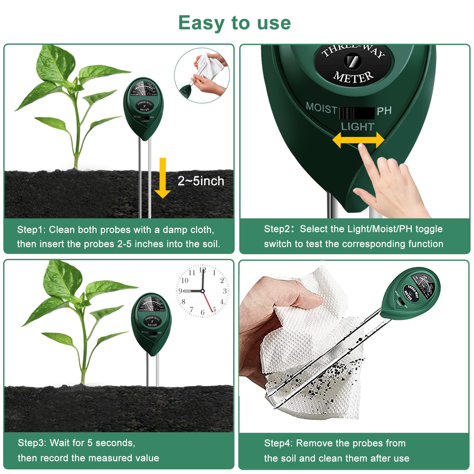 Zoiydals Soil Tester 3-in-1 – Soil Moisture Meter, Light Sensor & Soil pH Tester – No Battery Needed – Plant Moisture & Water Monitor for Garden, Lawn, Farm, Indoor/Outdoor – Promote Healthy Growth