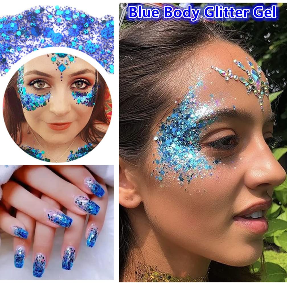 Go Ho Blue Face Body Glitter,Singer Concerts Blue Face Paint Glitter Makeup,Holographic Chunky Sequins Glitters for Eye Lip Hair Nails,Festival Glitter Rave Accessories,01 Blue Glitter 52g