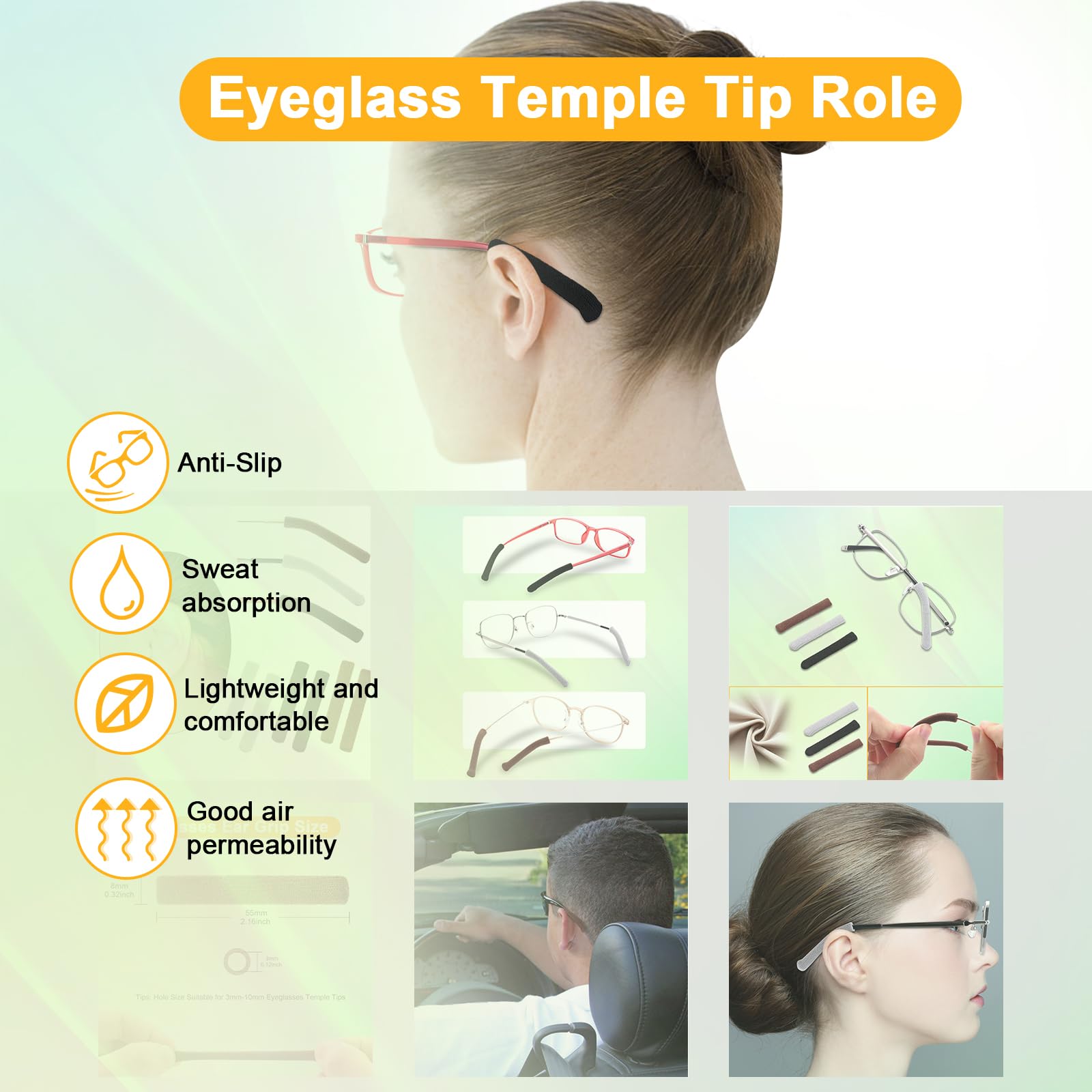 Literry Anti-Slip Elastic Comfort Eyeglasses Temple Tips Sleeve, Soft and Well-Fitting Glasses Ear Cushion, Microstructured Fabric Glasses Ear Grip, Knitting Eyeglass Arm Cushion - Black 3 Pairs