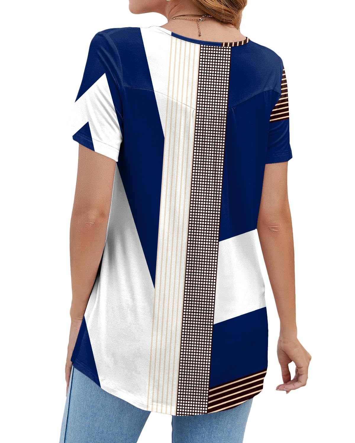 BeadChica Women's Tunic Tops For Leggings Short Sleeve Shirts Botton Up Casual Ruched Blouses Clothing Floral-M White Blue